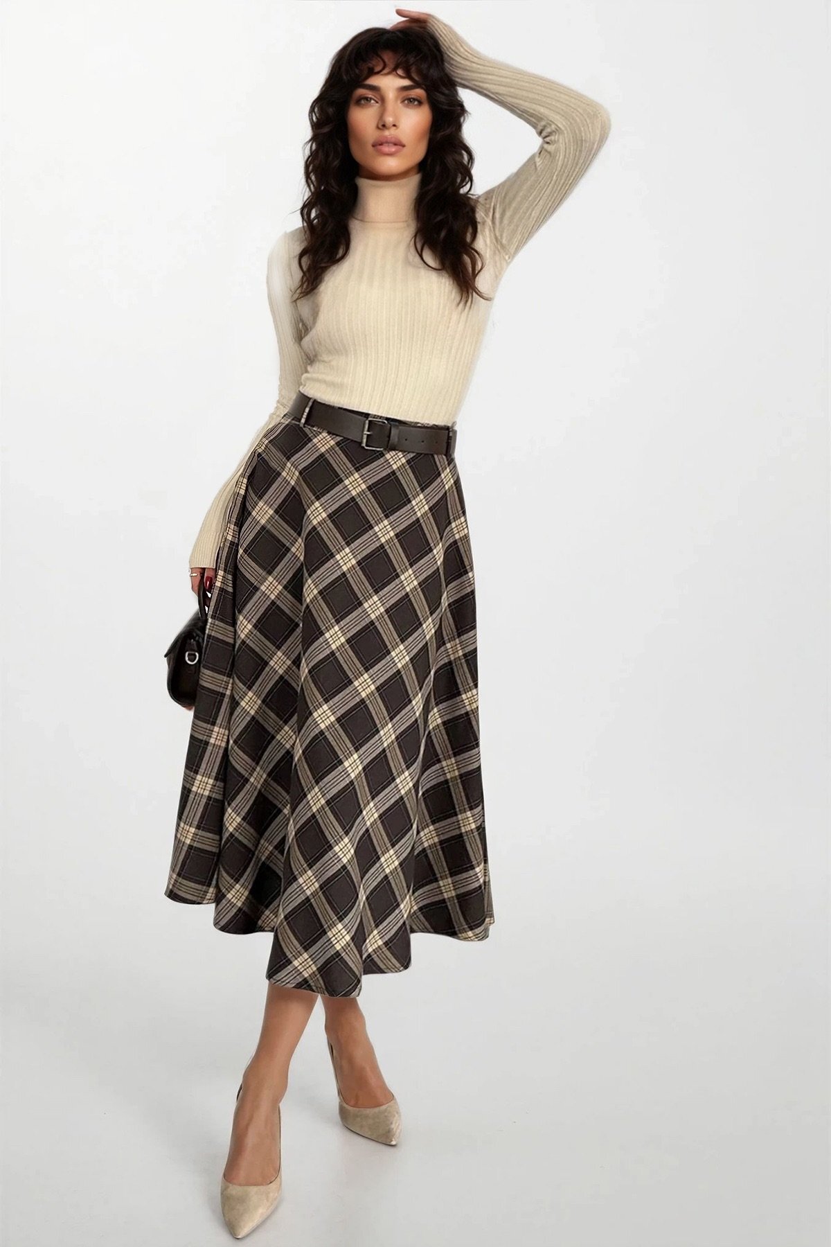 Trend Alaçatı Stili  Kadın Acı Kahve Deri Kemerli Maxi Boy Desenli Çan Etek Alc-X15058 - Görsel 2