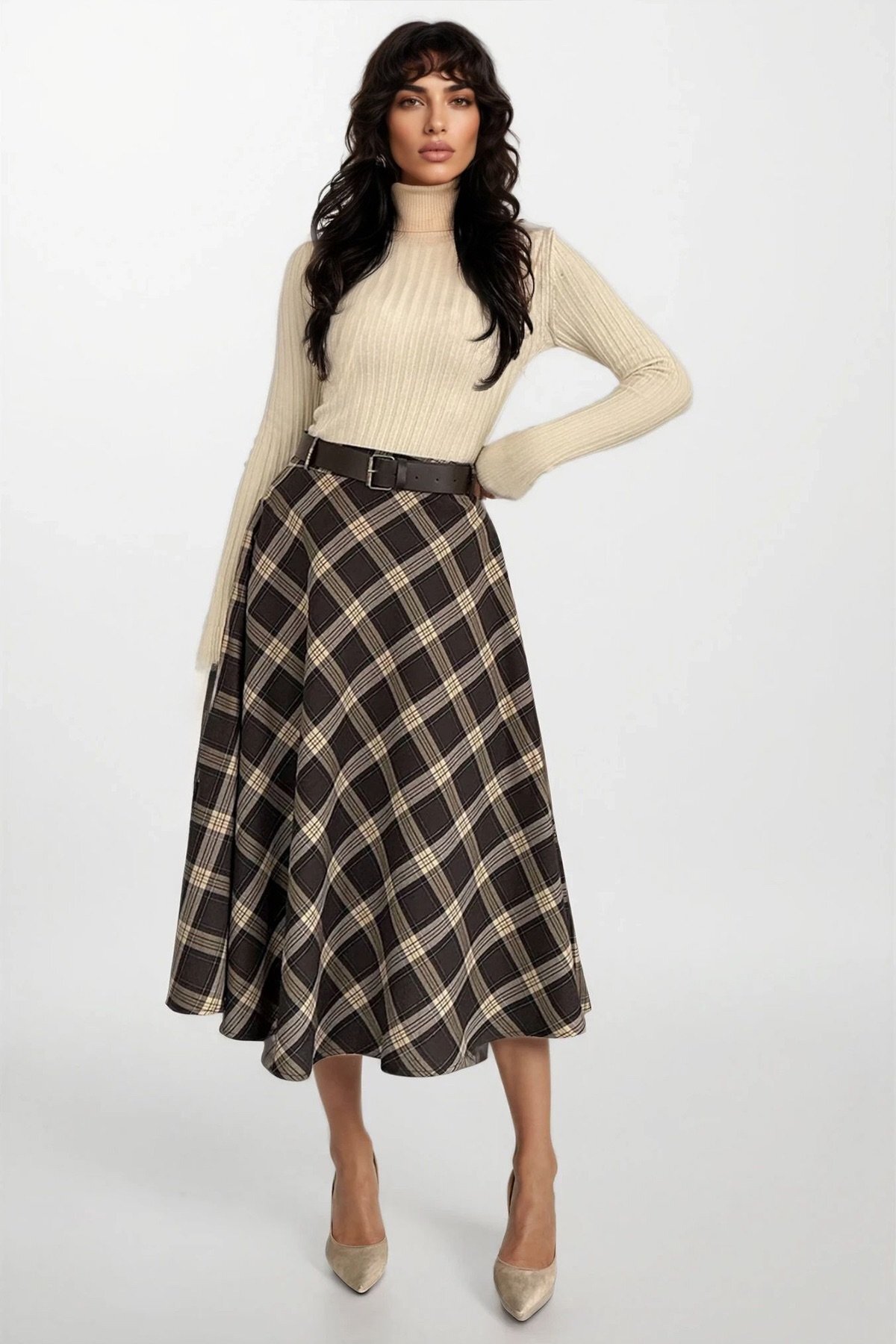 Trend Alaçatı Stili  Kadın Acı Kahve Deri Kemerli Maxi Boy Desenli Çan Etek Alc-X15058