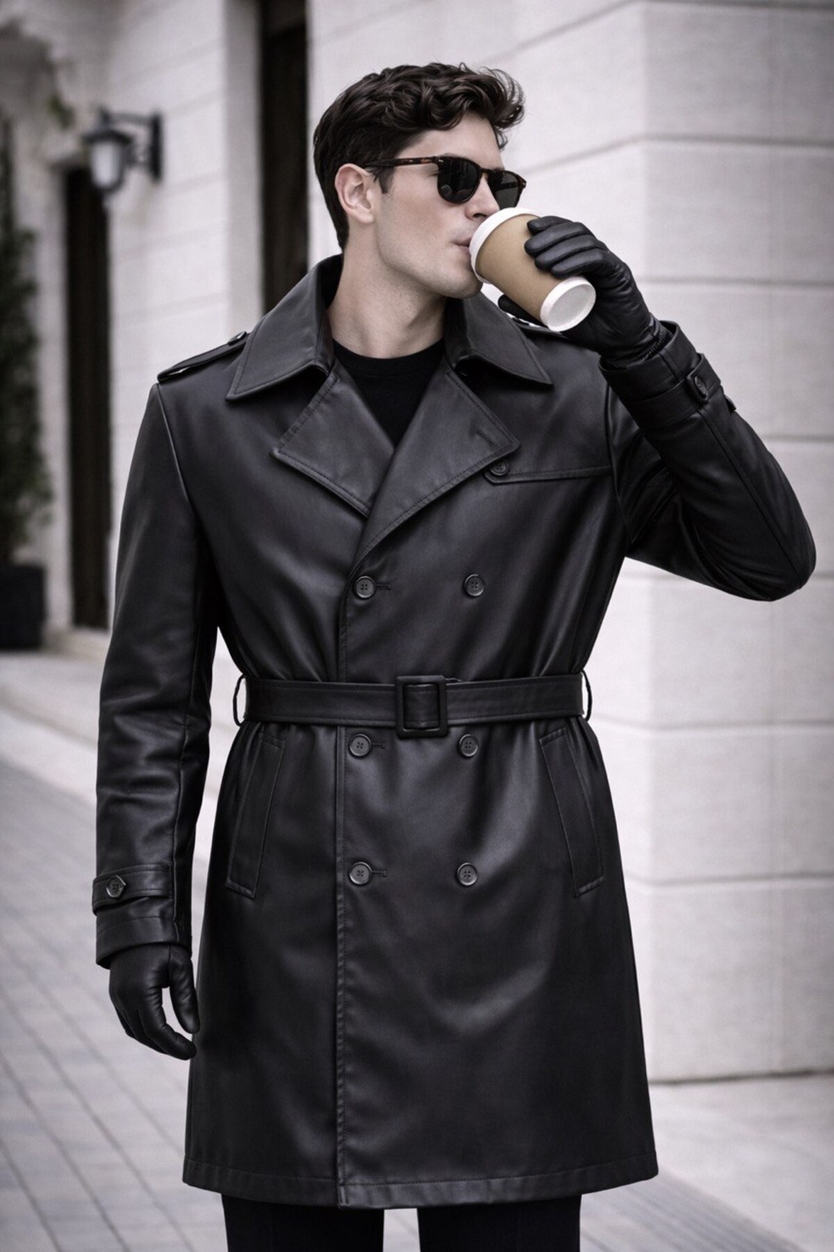 BASEL.CO  Erkek Modern Kalıp Deri Trençkot - Kemerli, Çift Düğmeli, Zamansız Tasarım - Görsel 5