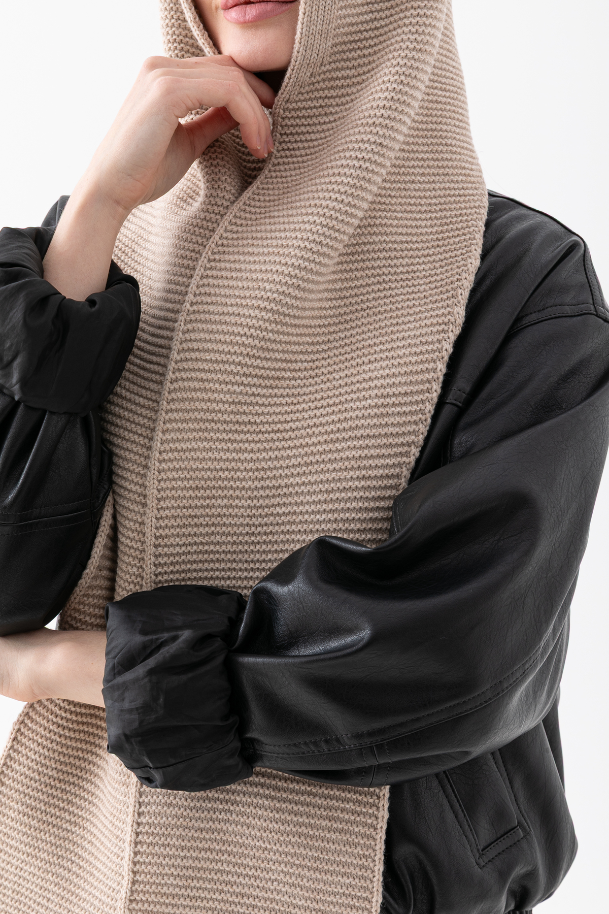 Wega Moda Kapüşonlu Kalın Atkılı Balaclava Kadın, Triko Kapşon Şal | Yumuşak Dokulu Kışlık Aksesuar - Taş görsel 5