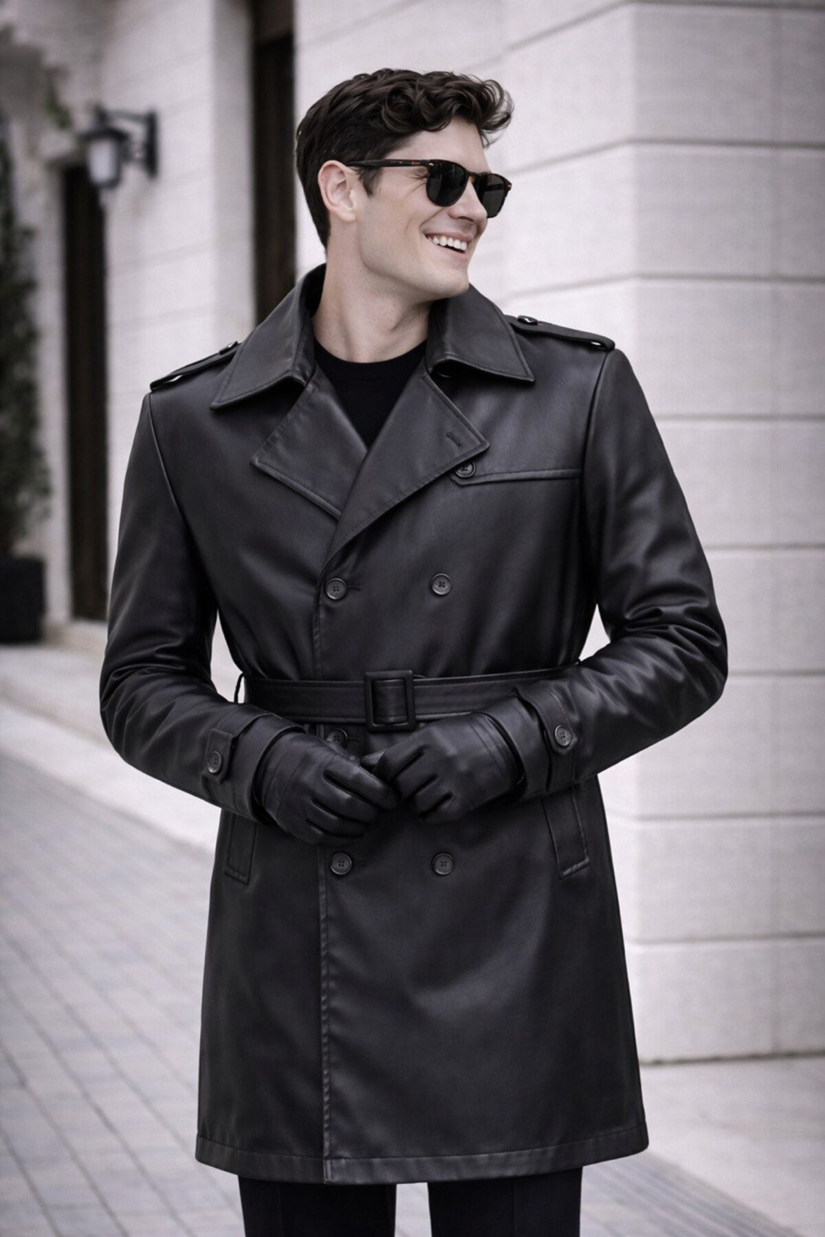 BASEL.CO  Erkek Modern Kalıp Deri Trençkot - Kemerli, Çift Düğmeli, Zamansız Tasarım - Görsel 2