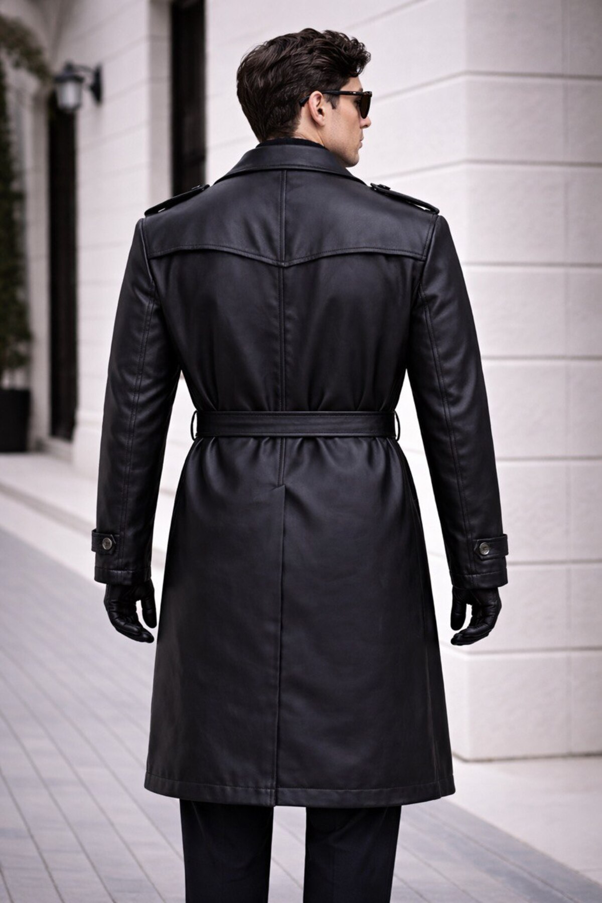 BASEL.CO  Erkek Modern Kalıp Deri Trençkot - Kemerli, Çift Düğmeli, Zamansız Tasarım - Görsel 3
