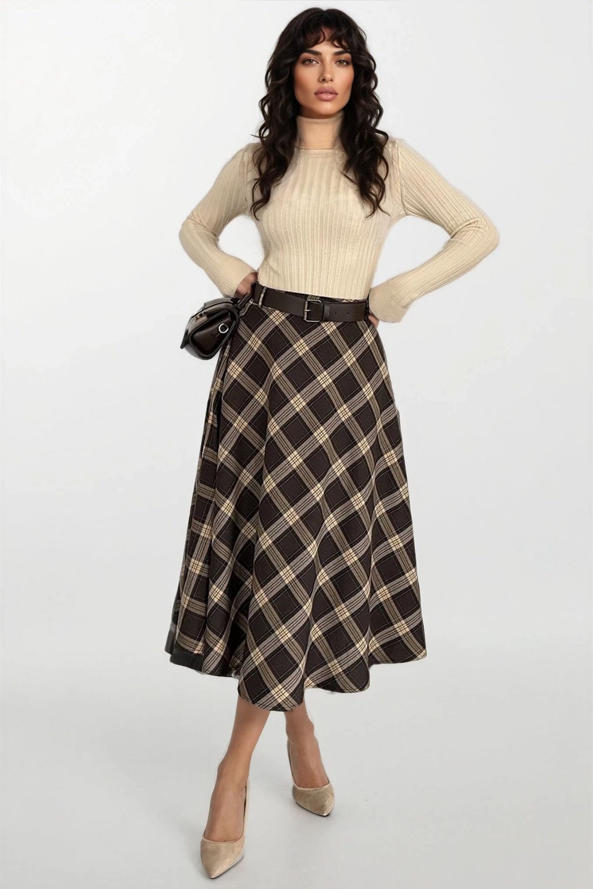 Trend Alaçatı Stili  Kadın Acı Kahve Deri Kemerli Maxi Boy Desenli Çan Etek Alc-X15058 - Görsel 3