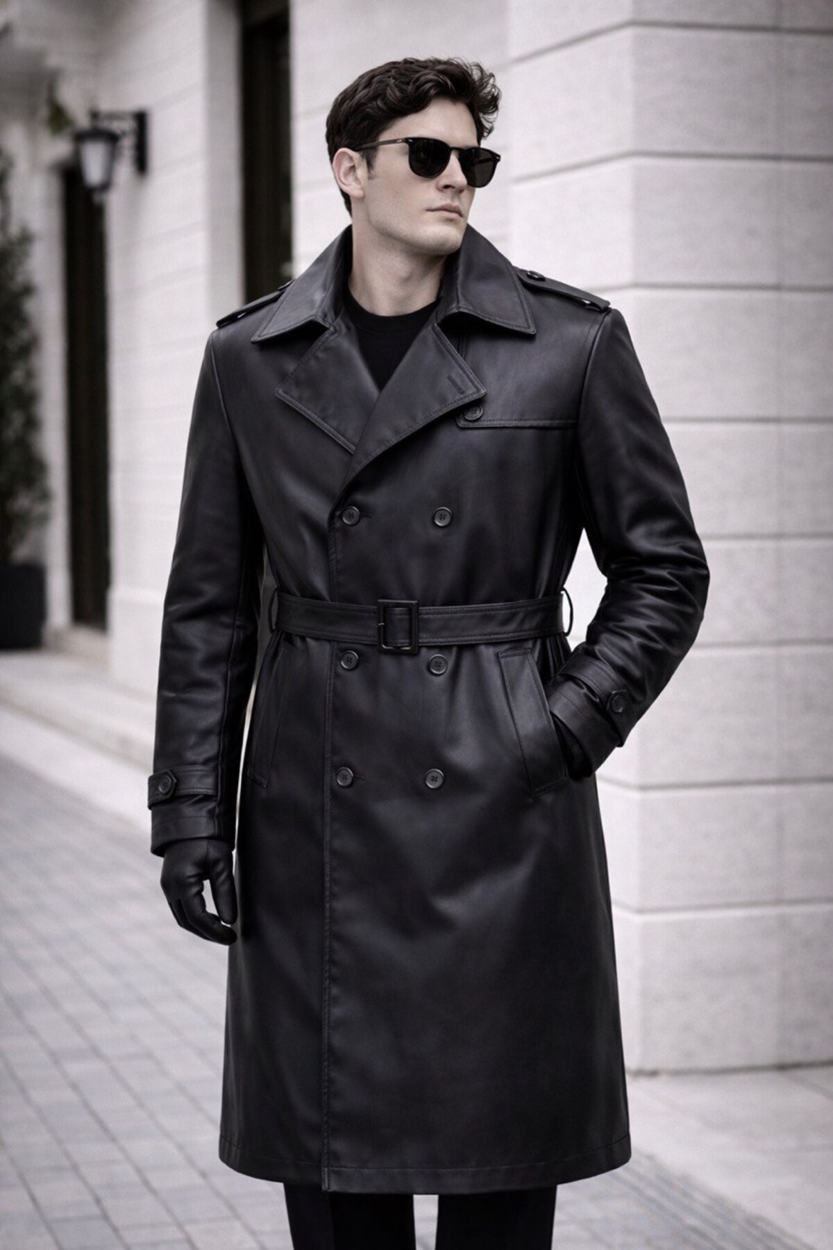 BASEL.CO  Erkek Modern Kalıp Deri Trençkot - Kemerli, Çift Düğmeli, Zamansız Tasarım - Görsel 4