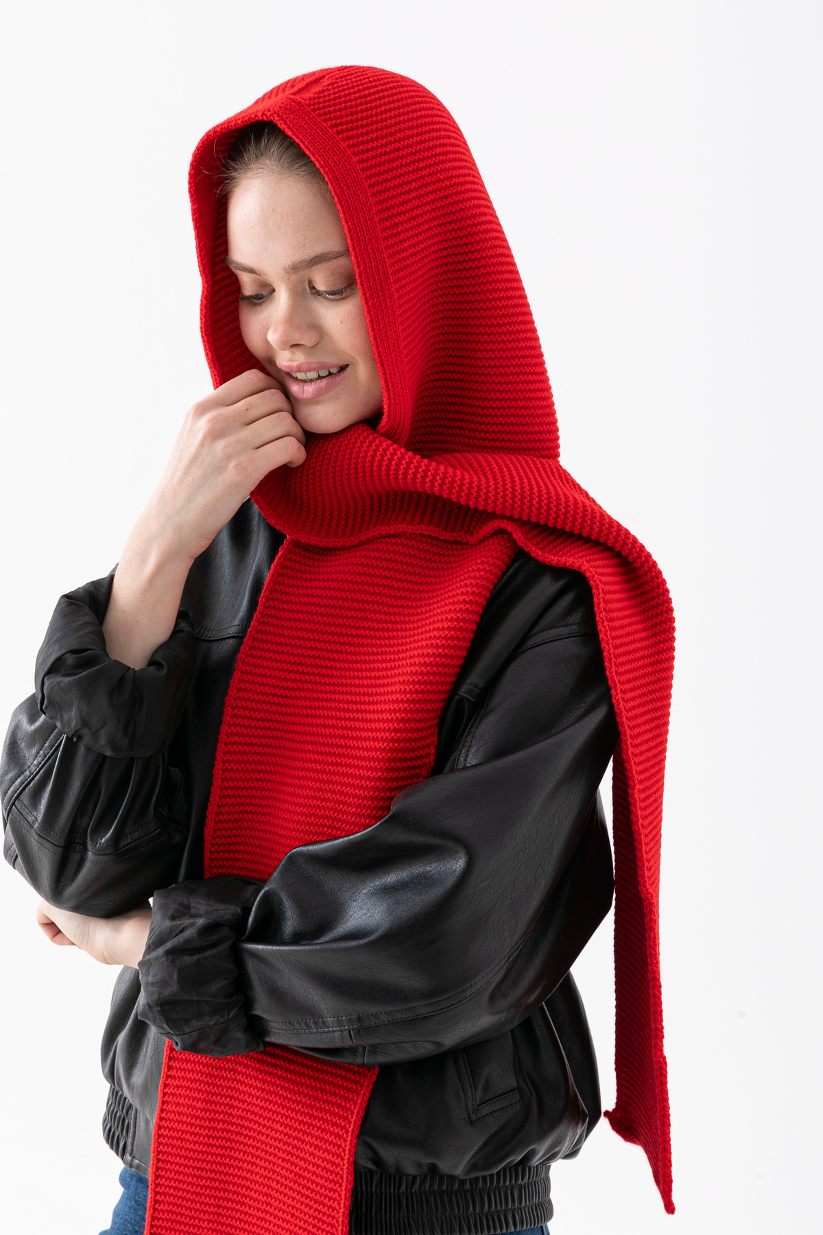 Wega Moda Kapüşonlu Kalın Atkılı Balaclava Kadın, Triko Kapşon Şal | Yumuşak Dokulu Kışlık Aksesuar - Kırmızı görsel 5