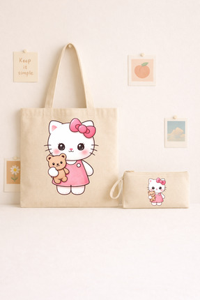 Maki Craft HELLO KİTTY TARZ KEDİ KARAKTER 2’Lİ BEZ ÇANTA & KALEMLİK SETİ