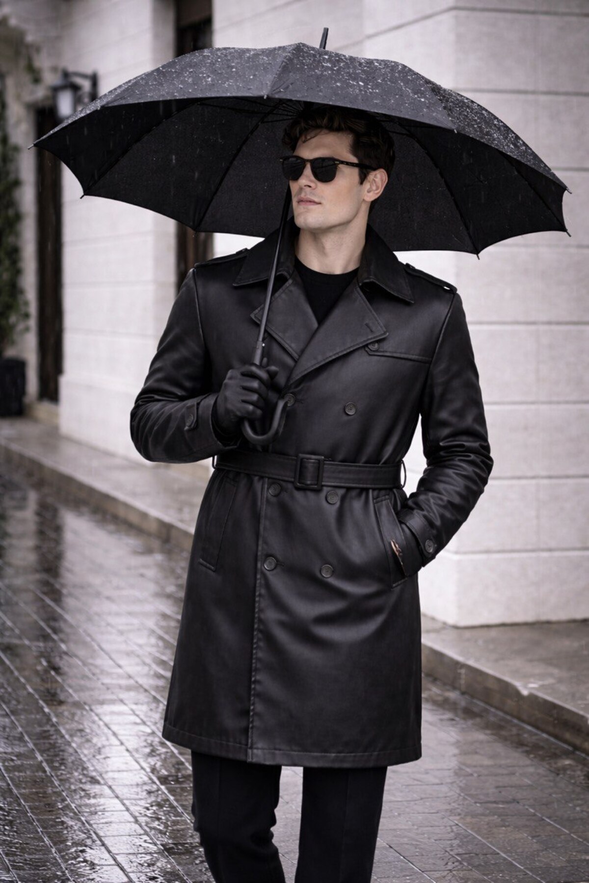 BASEL.CO  Erkek Modern Kalıp Deri Trençkot - Kemerli, Çift Düğmeli, Zamansız Tasarım
