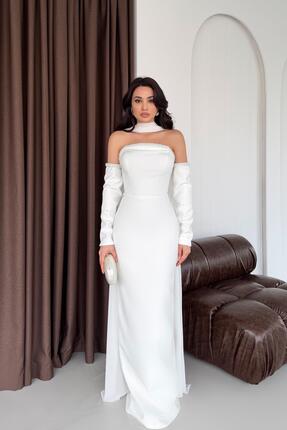 Serica Moda Beyaz İnci Detaylı Fularlı Takma Kollu Abiye Elbise