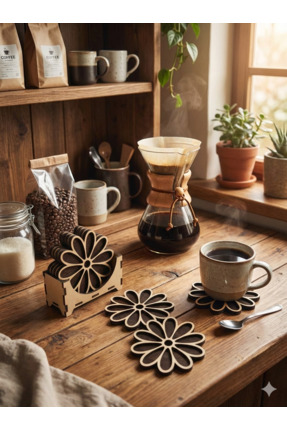 Darga Wood Shop Bohem Dekoratif Kahve Köşesi Aksesuarı 6'lı Ahşap Papatya Bar...