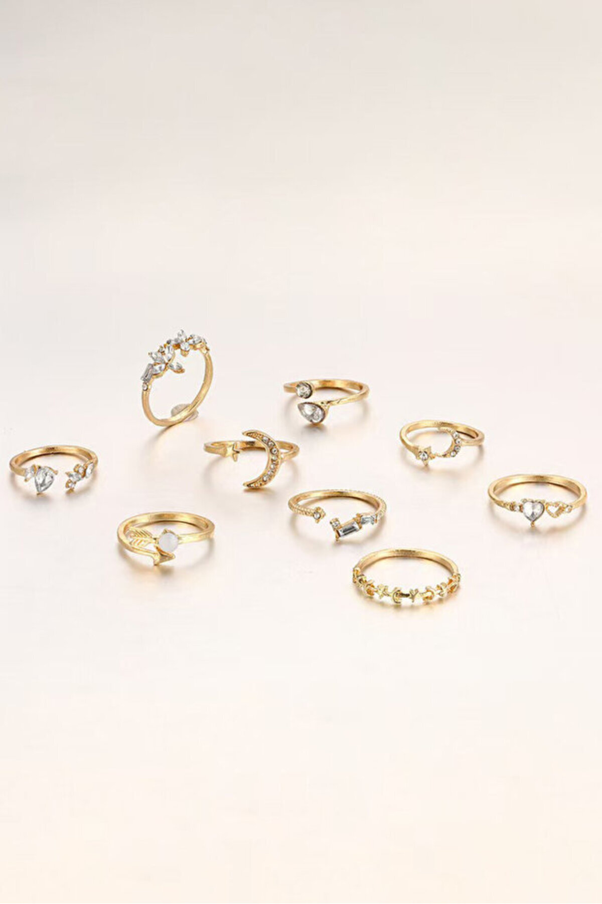 The Collection  9'lu Taşlı Kombin Ay yıldız kelebek ok kalp Tasarım Yüzük Set - Görsel 6