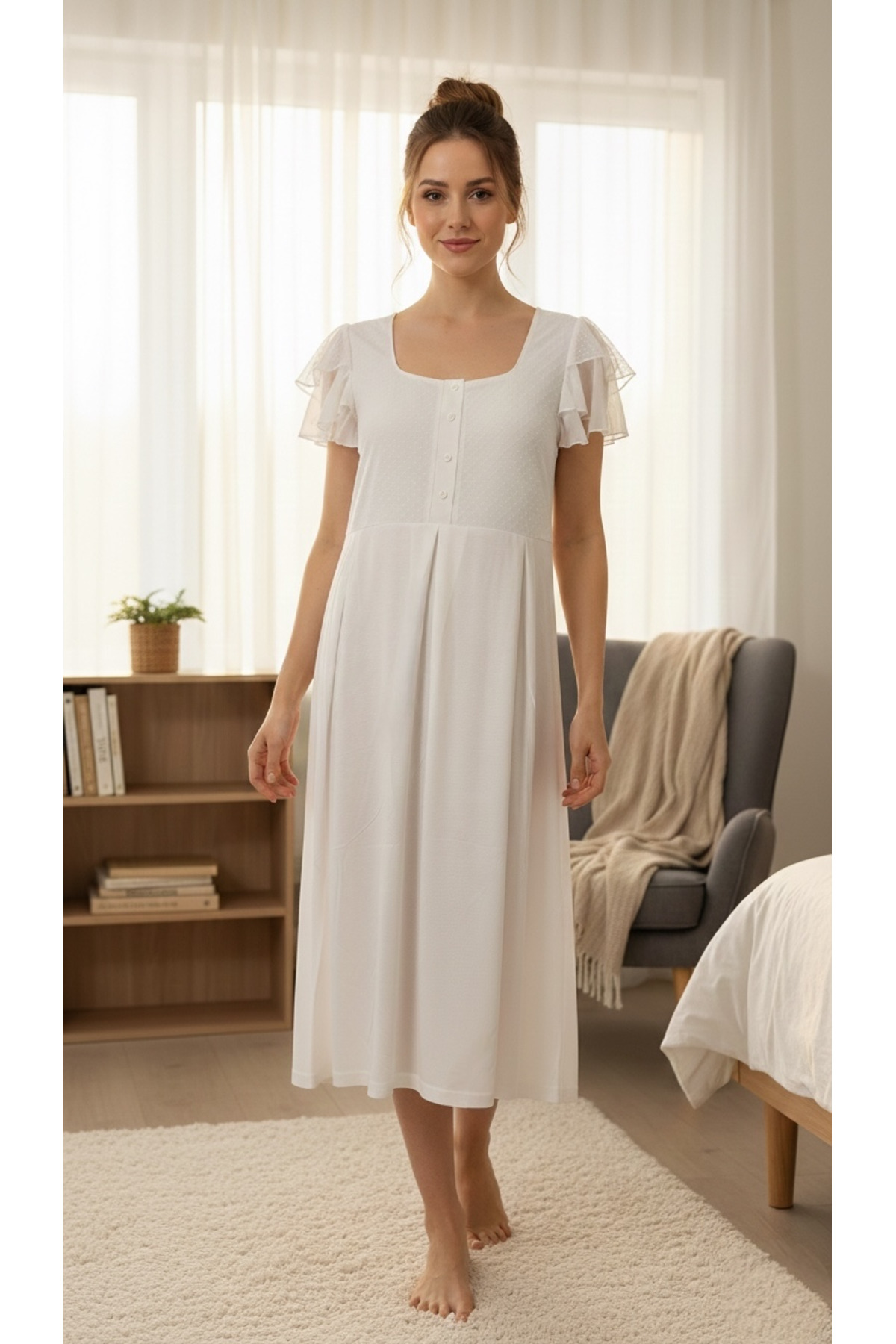 Nena %100 Pamuklu Kadın Kare Yaka Kısa Fırfır Kollu Ekru Midi Gecelik(Hamile-Emzirme-Çeyizlik)