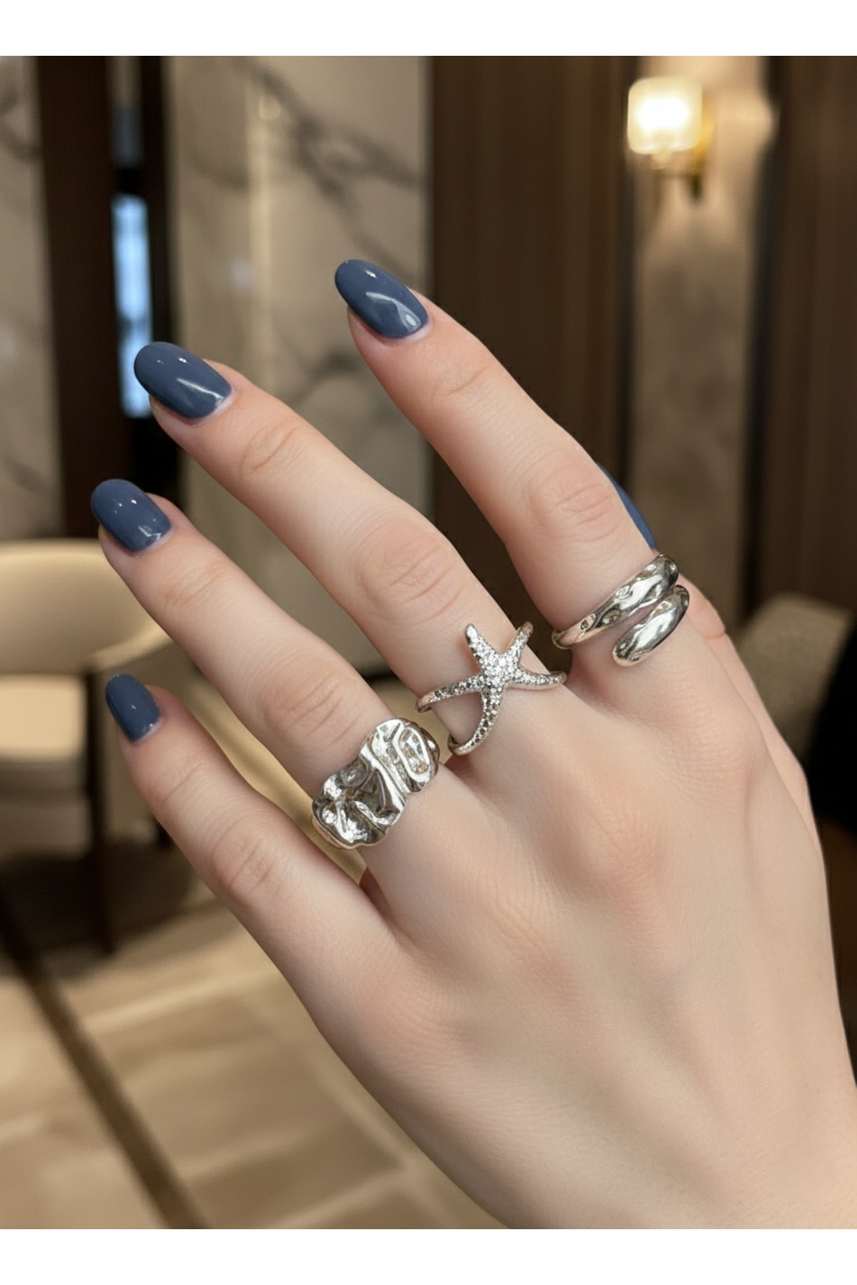 Elmosia Jewelry Gümüş Renk Ayarlanabilir Çoklu Yüzük Seti | Deniz Yıldızı Figürlü Bohem Minimal Kadın Yüzük
