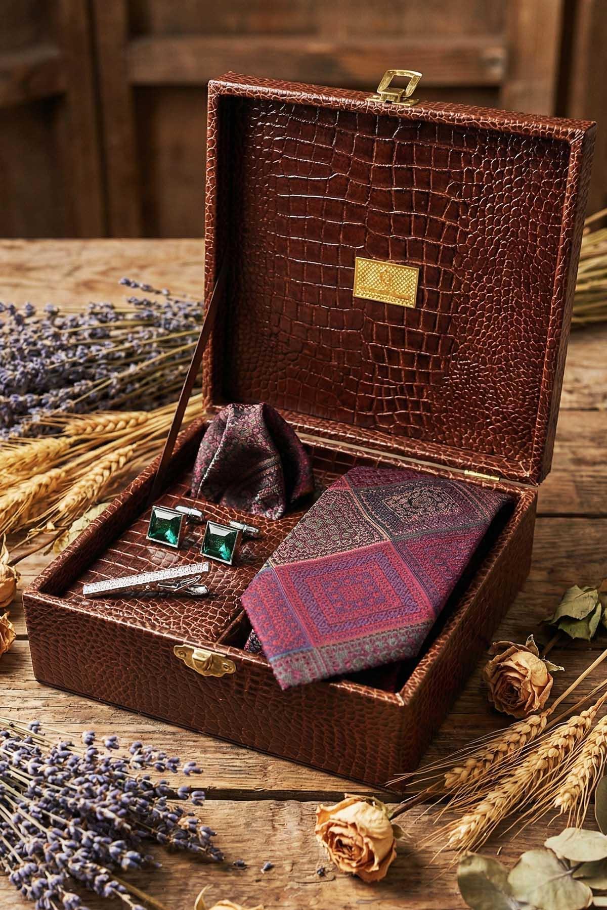  جعبه کادوی مردانه قهوه‌ای - کراوات، دکمه سرآستین، سنجاق کراوات KMK134