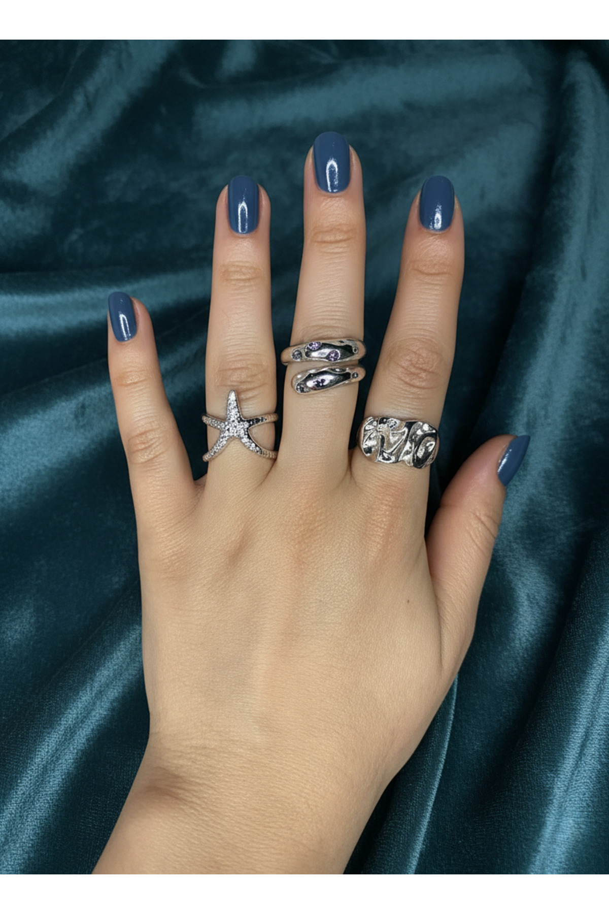 Elmosia Jewelry Gümüş Renk Ayarlanabilir Çoklu Yüzük Seti | Deniz Yıldızı Figürlü Bohem Minimal Kadın Yüzük görsel 3