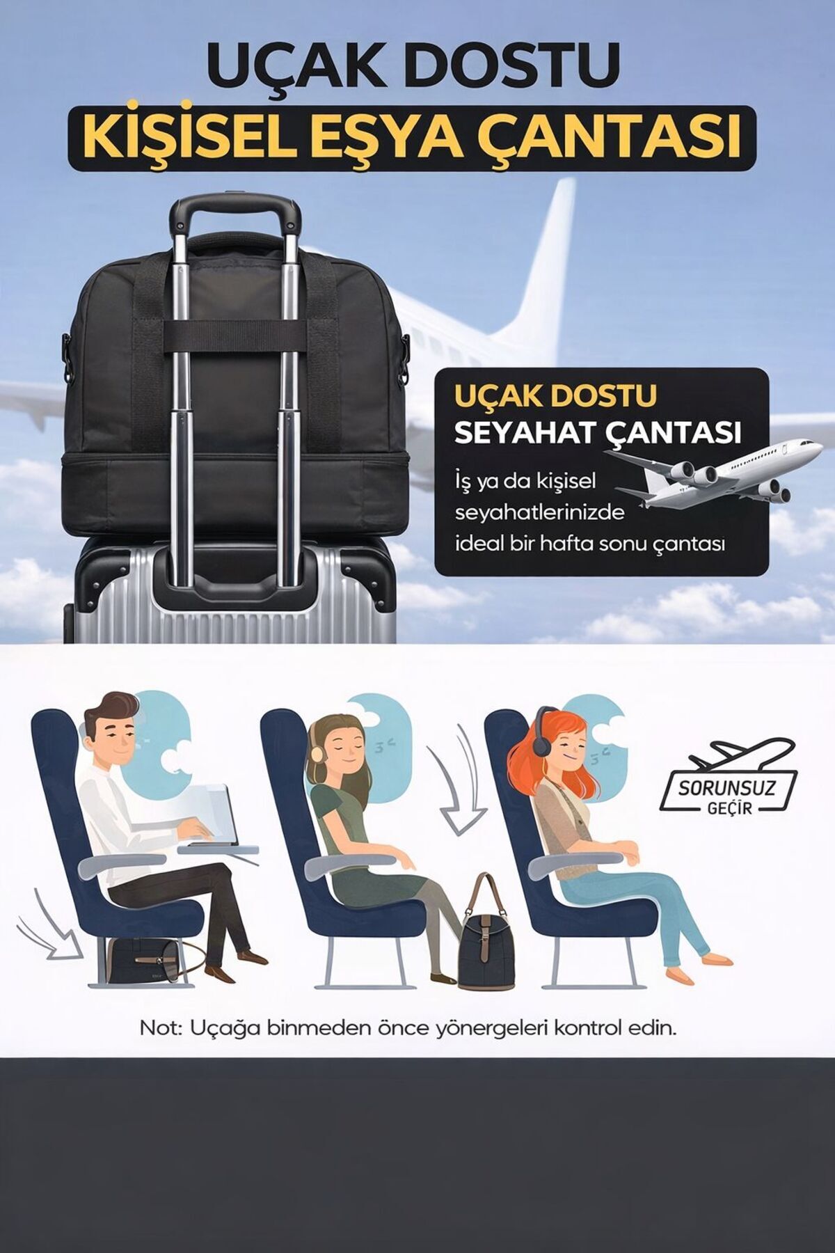 Bambus Home  Ayakkabı Bölmeli Çok Gözlü Askılı Valiz Gezi Seyahat Tatil Spor Hastane Çantası El Bagajı - Görsel 4