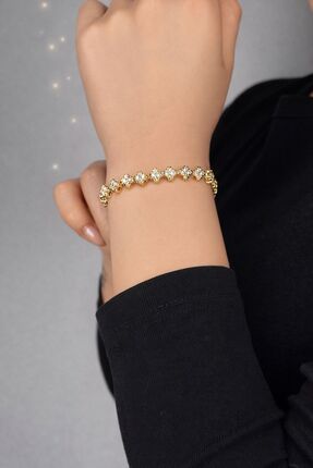 Bohan Accessories Zirkon Taşlı Yonca Detaylı Gold Renk Çelik Bileklik