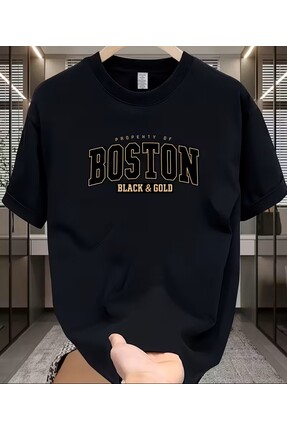 LELVANİ Erkekler için Boston Siyah & Altın Tişört bisiklet yaka