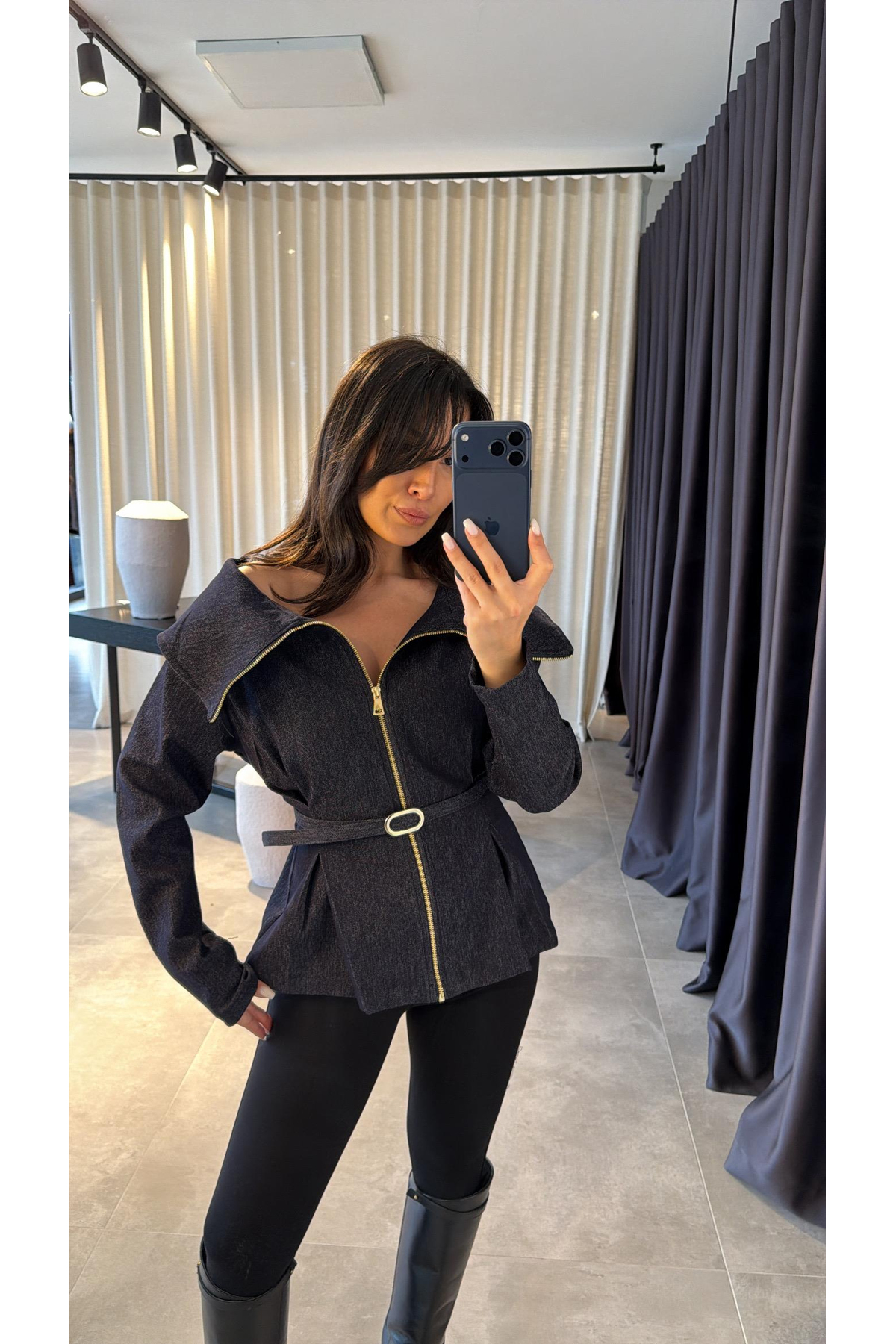 HARMONY GLOBAL  Kadın Denim Kemerli Fermuarlı Tasarım Kot Gömlek 7729 - Görsel 6