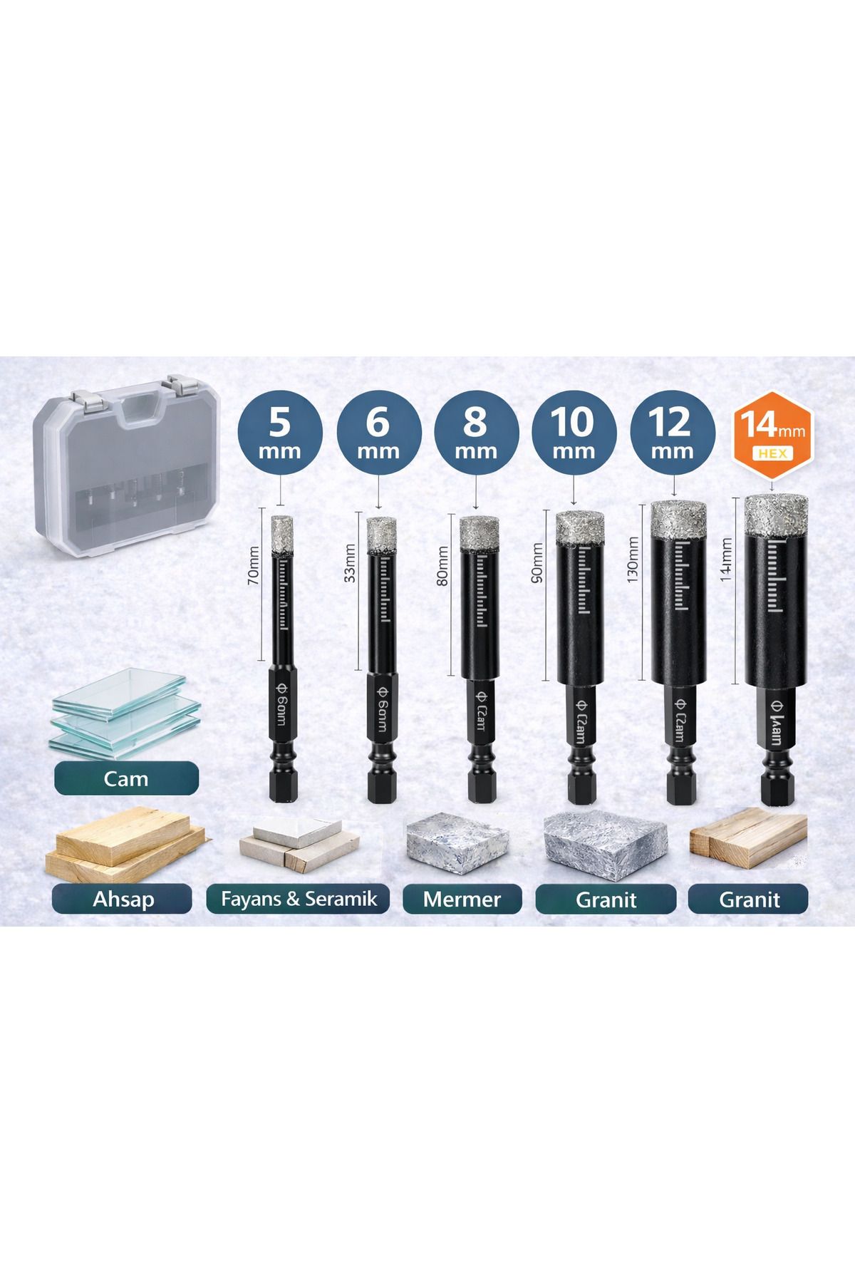 Diamond Coating Ceramic Glass Drill Bit Set 6 Pieces (5-6-8-10-12-14) Granite Tiles Marble Hole Drilling