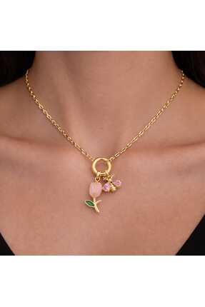 ZNV Çiçek figürlü charm detaylı paslanmaz çelik kolye