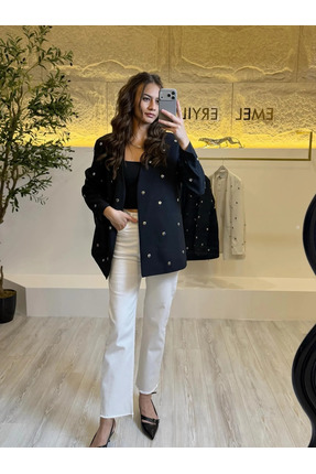 EMEL ERYILMAZ Zımba Detaylı Blazer Ceket Siyah/Beyaz