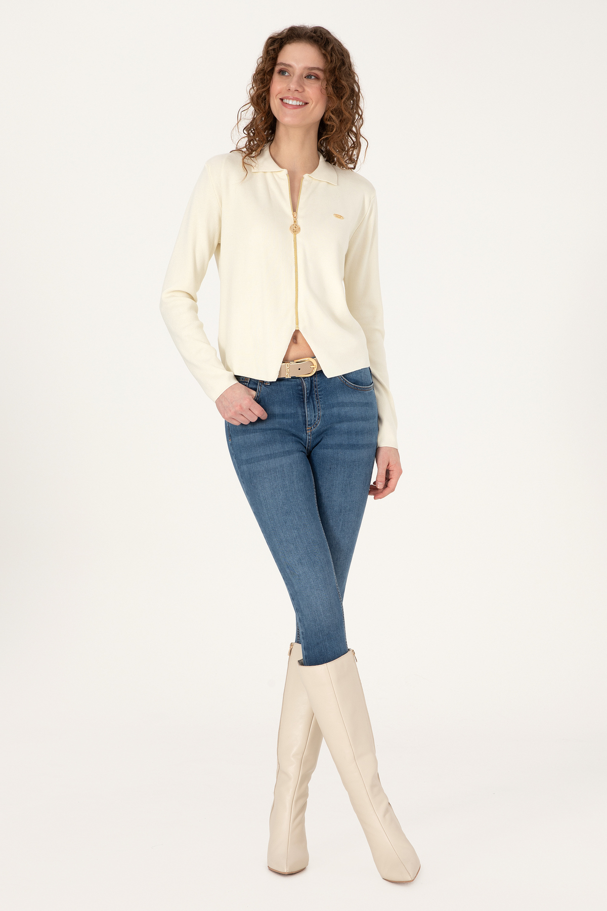 U.S. Polo Assn.  Kadın Krem Fermuarlı Polo Yaka Triko Hırka 50317375-VR256 - Görsel 4