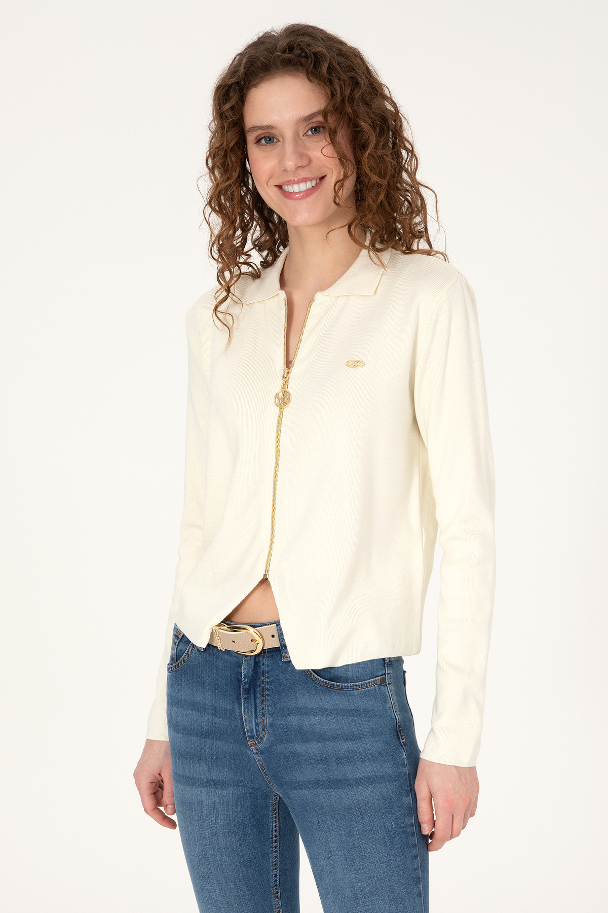 U.S. Polo Assn.  Kadın Krem Fermuarlı Polo Yaka Triko Hırka 50317375-VR256 - Görsel 3