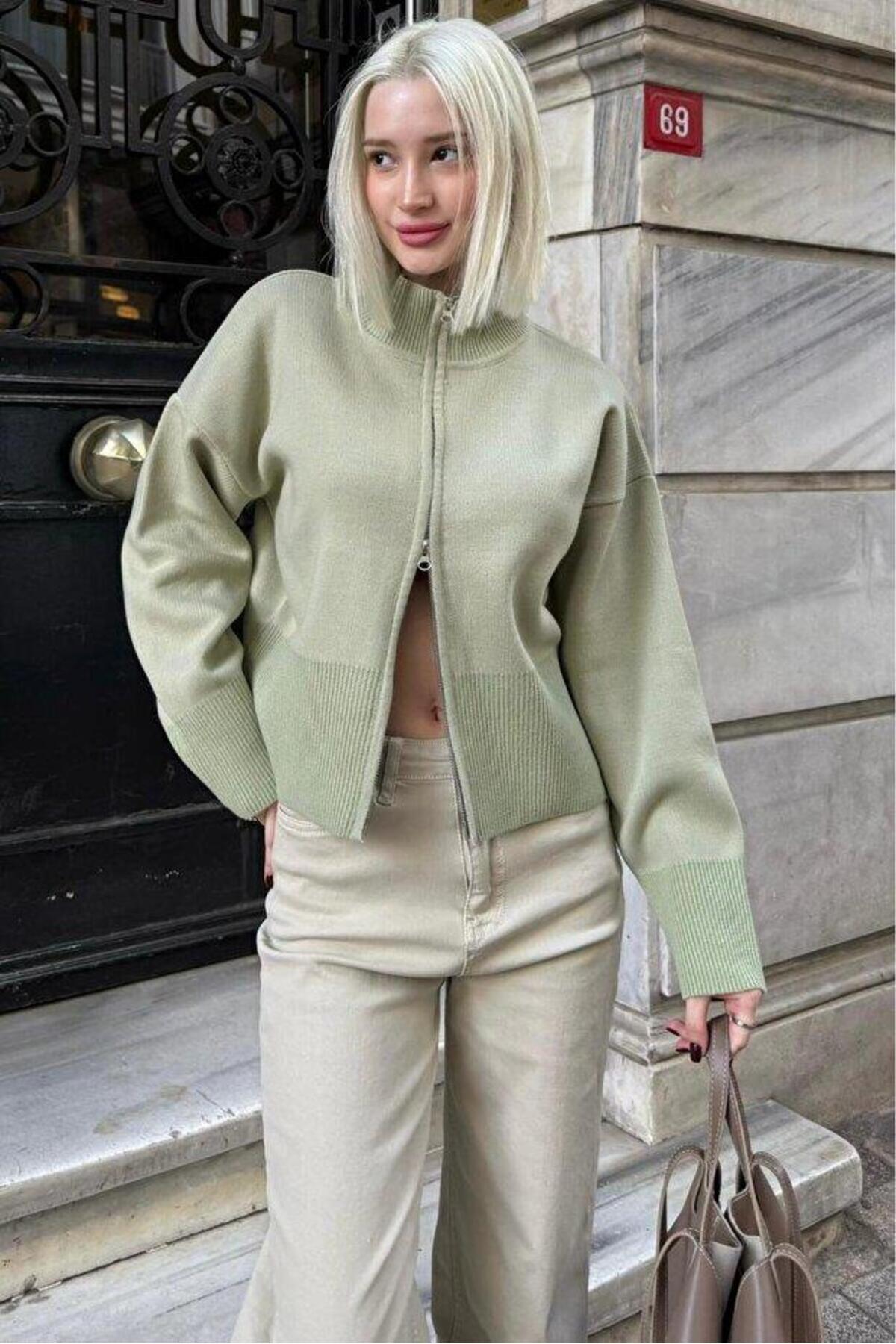 Seeh  Mint Yeşili Çift Fermuarlı Dik Yaka Kadın Triko Hırka SH348 - Görsel 2