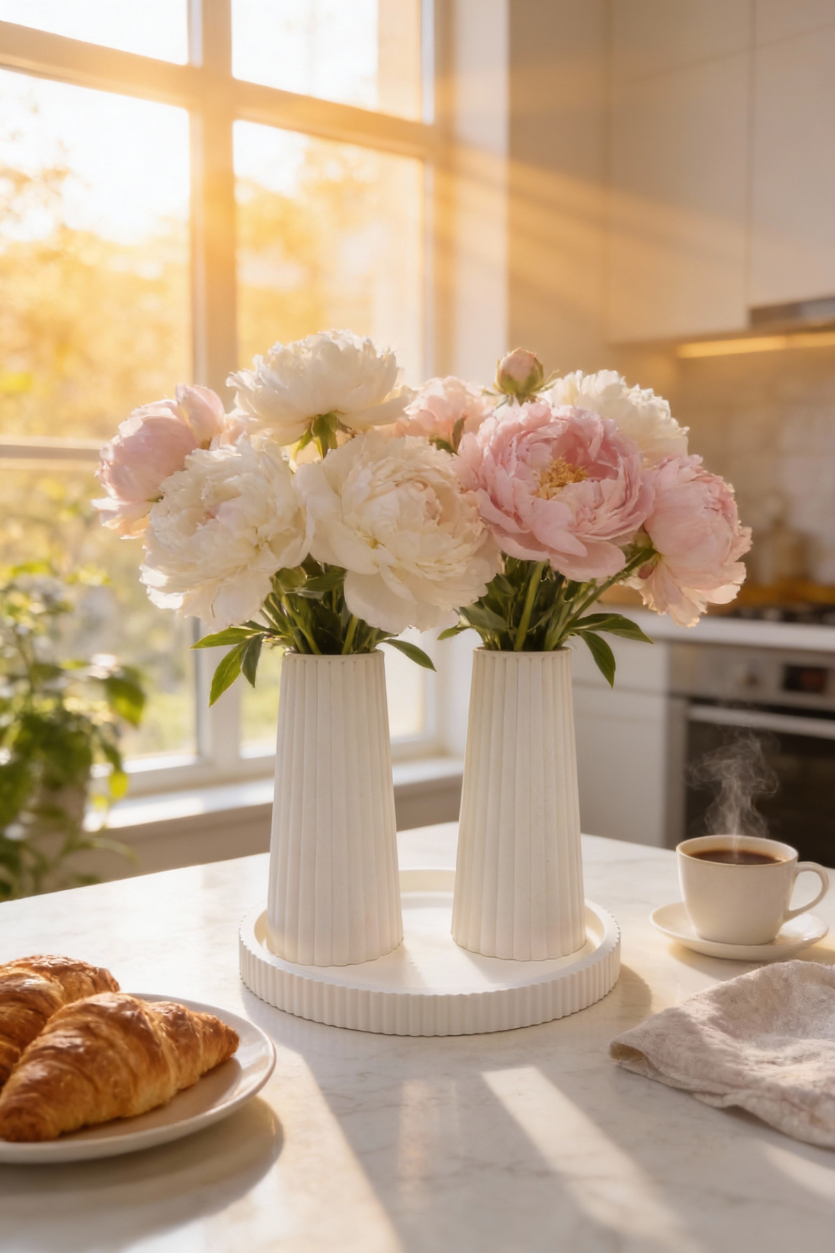 Modern Concrete Decor Vase Set | 2 Long Vases and Round Trays