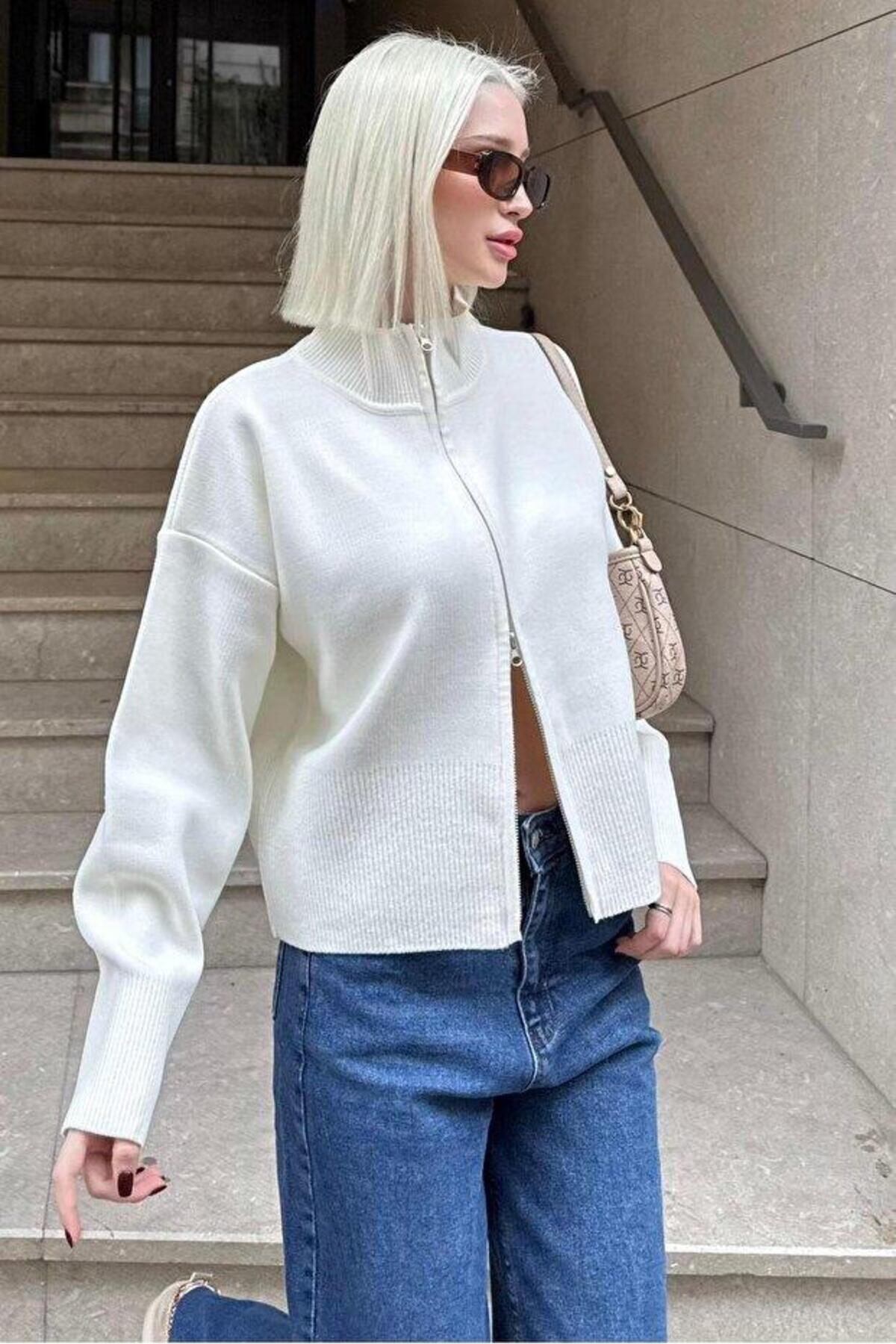 Seeh Ekru Çift Fermuarlı Dik Yaka Kadın Triko Hırka SH348 görsel 7