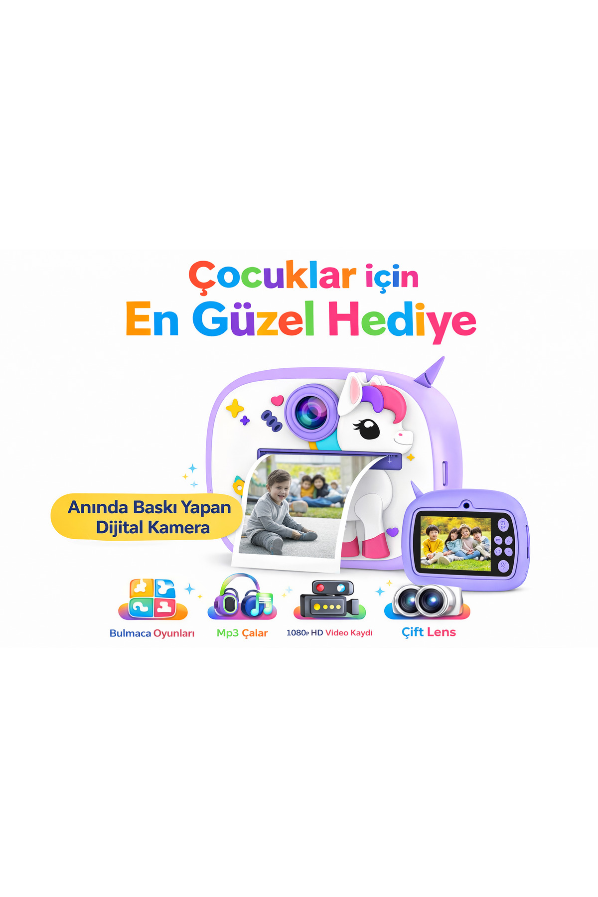 qasul Anında Baskı Yapan Çocuk Dijital Kamerası Unicorn Tasarım, HD Video, Çift Lens
