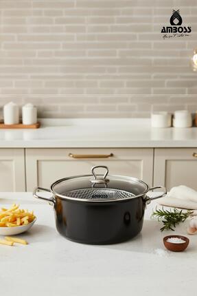 Amboss Crispella 22 Cm Cam Kapaklı Emaye Kızartma Tenceresi - Siyah
