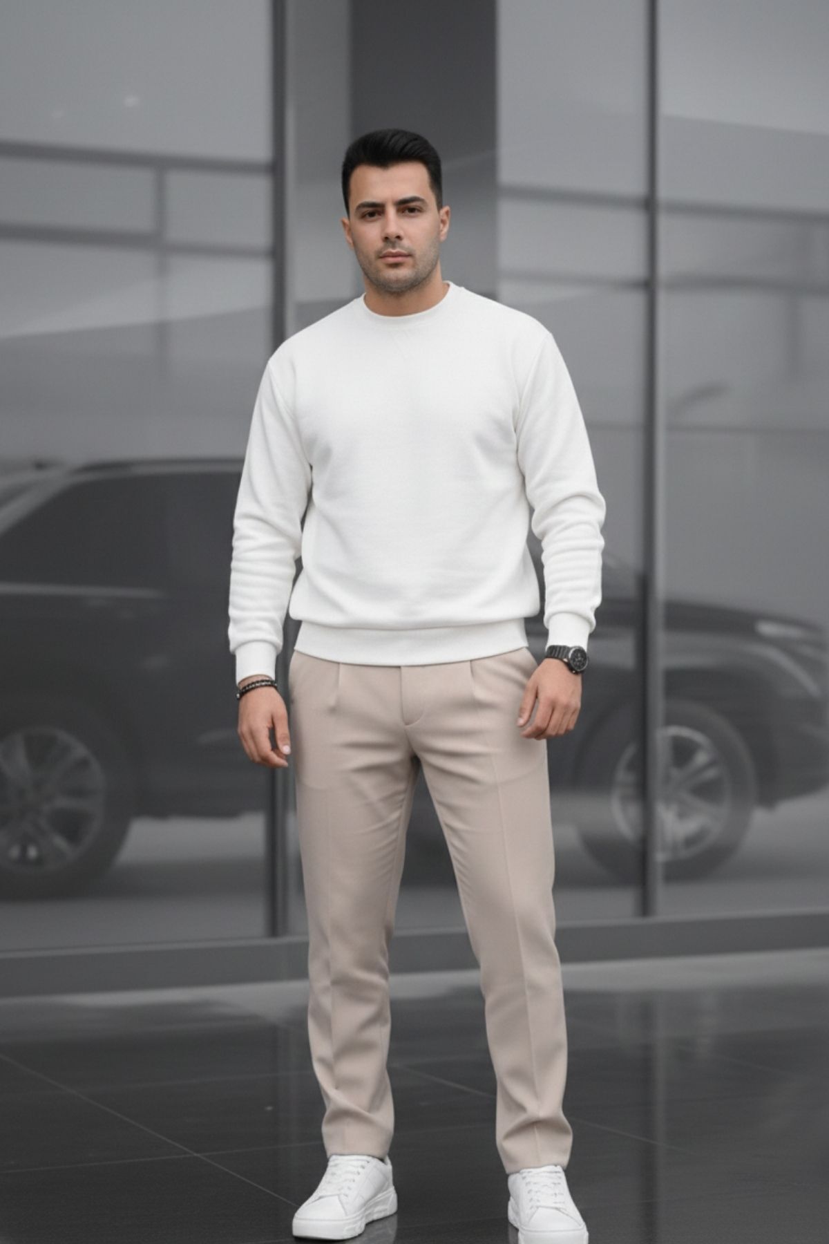 COMBİNE MİCHAİL Erkek Çift Pileli Salaş Krem Baggy Pantolon görsel 5