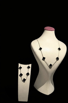 STAİNLES Stainless Steel Çelik Silver Siyah Kolye Bileklik Set