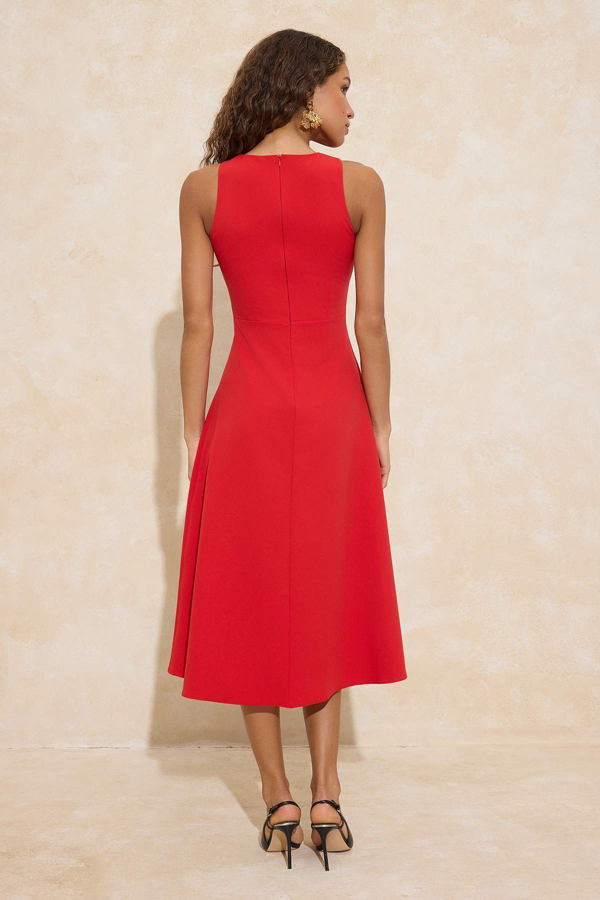 Trendyolmilla  Kırmızı Kemerli Esnek Midi Dokuma Elbise TWOSS26EL00134 - Görsel 4