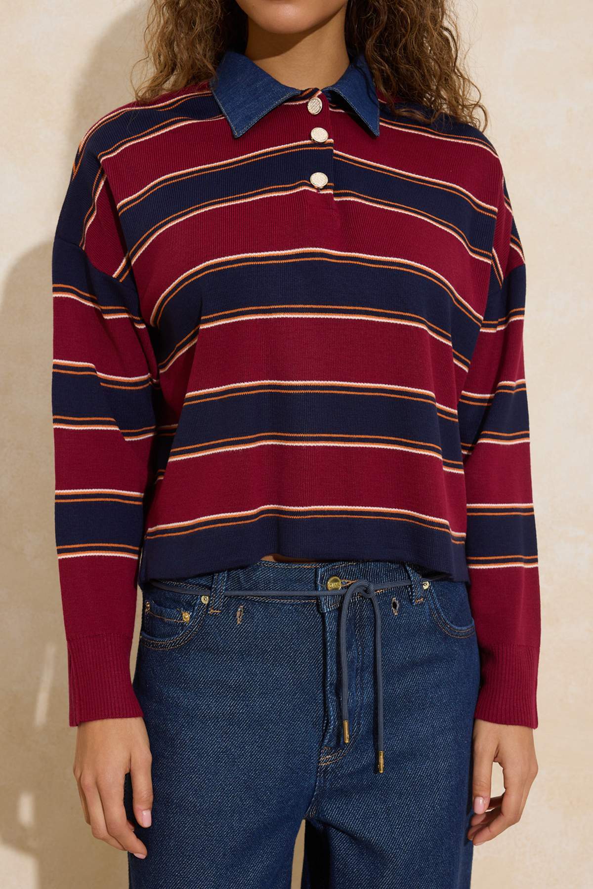 Trendyolmilla  Çok Renkli Çizgili Denim Garnili Polo Yaka Triko Kazak TWOAW26KZ00283 - Görsel 3