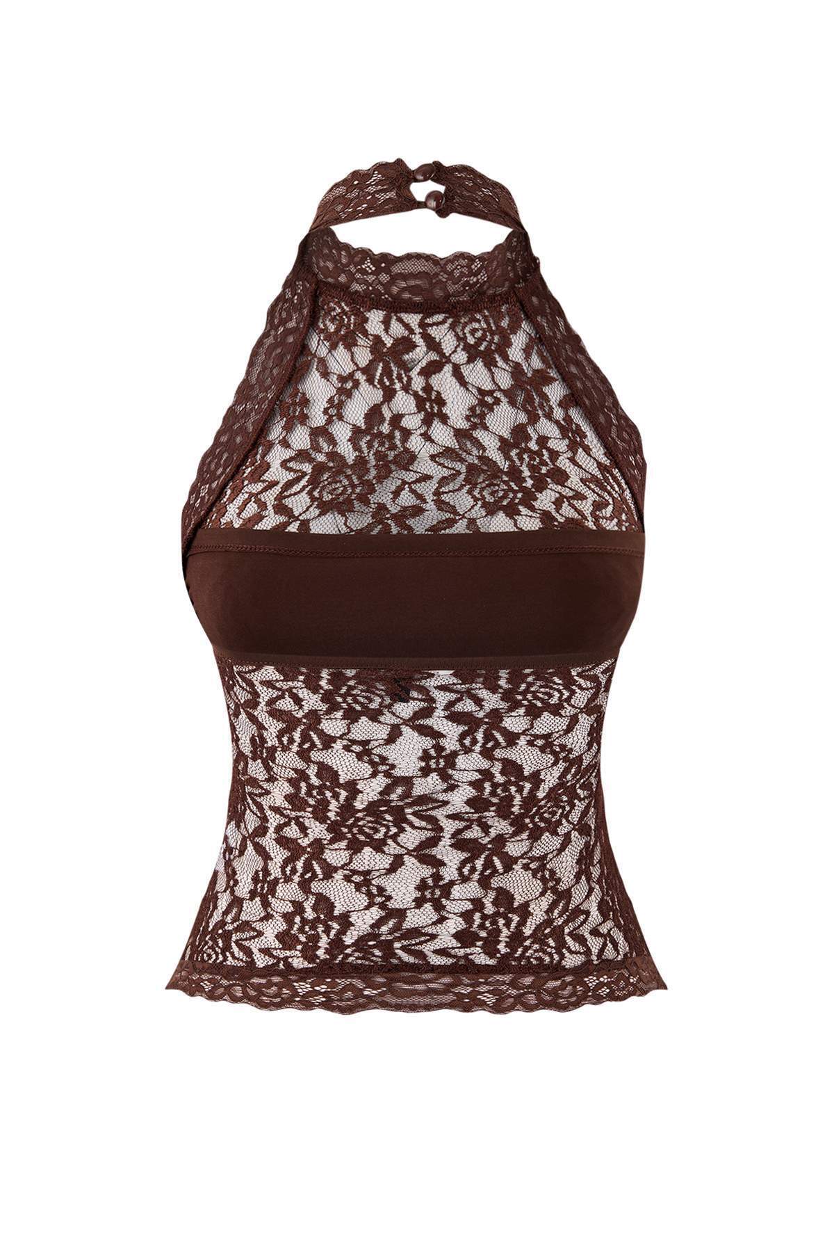 Trendyolmilla  Koyu Kahverengi Dantel Yarım Astarlı Halter Yaka Party Bluz TPRSS26BZ00003 - Görsel 6