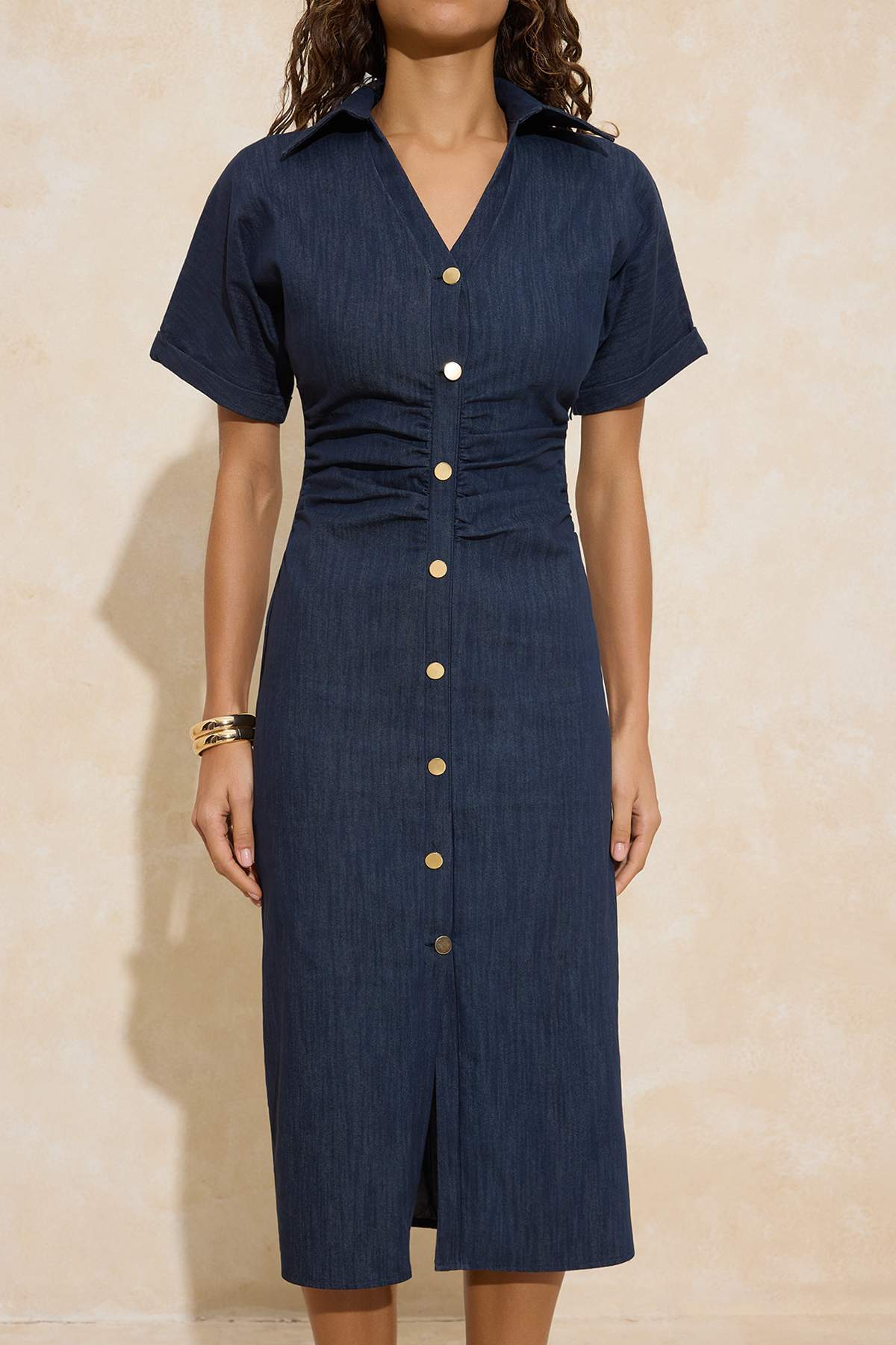 Trendyolmilla  Lacivert Düğmeli Midi Dokuma Elbise TWOSS26EL00084 - Görsel 3