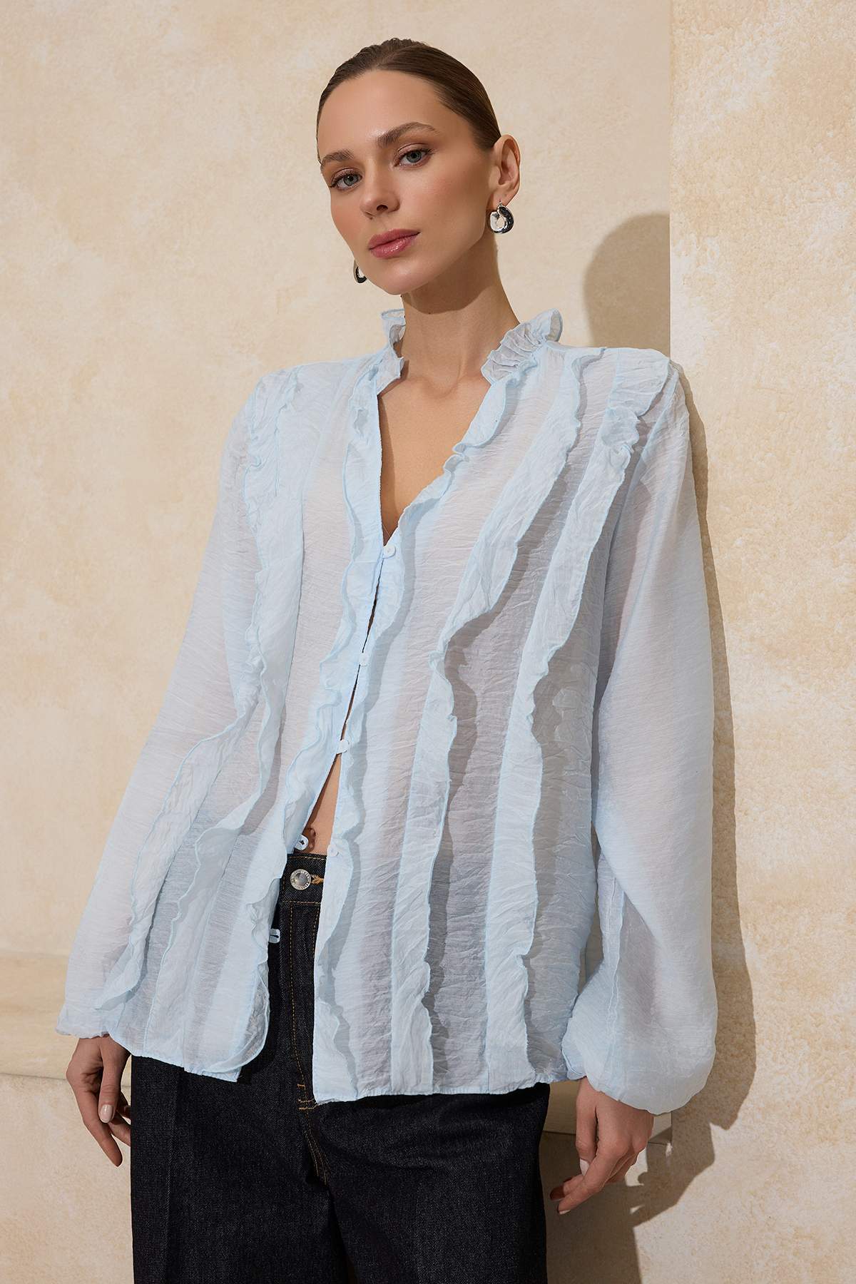 Trendyolmilla  Bebe Mavisi Transparan Fırfırlı Dokuma Gömlek TWOSS26GO00021 - Görsel 2