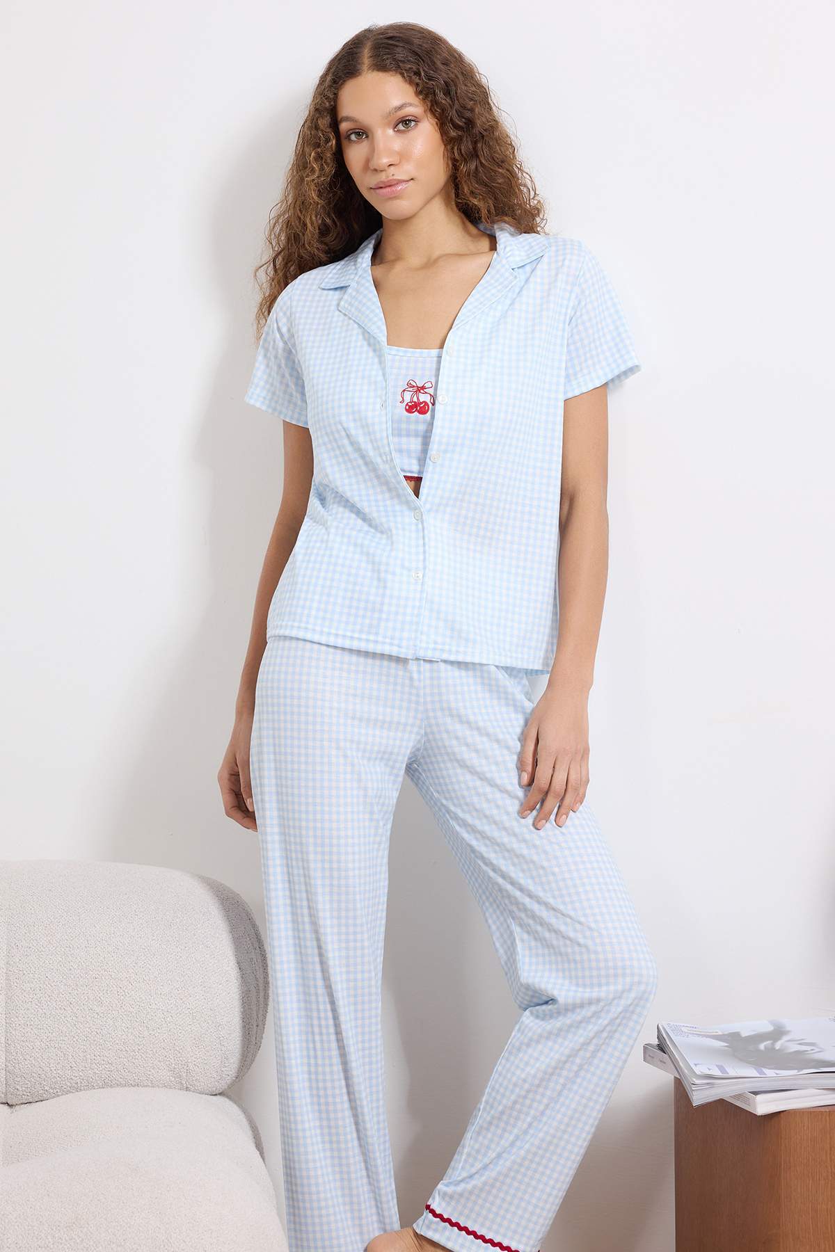Trendyolmilla  Mavi 3'lü Ekoseli Kirazlı Şerit Detaylı Örme Pijama Takımı THMSS26PT00062 - Görsel 2