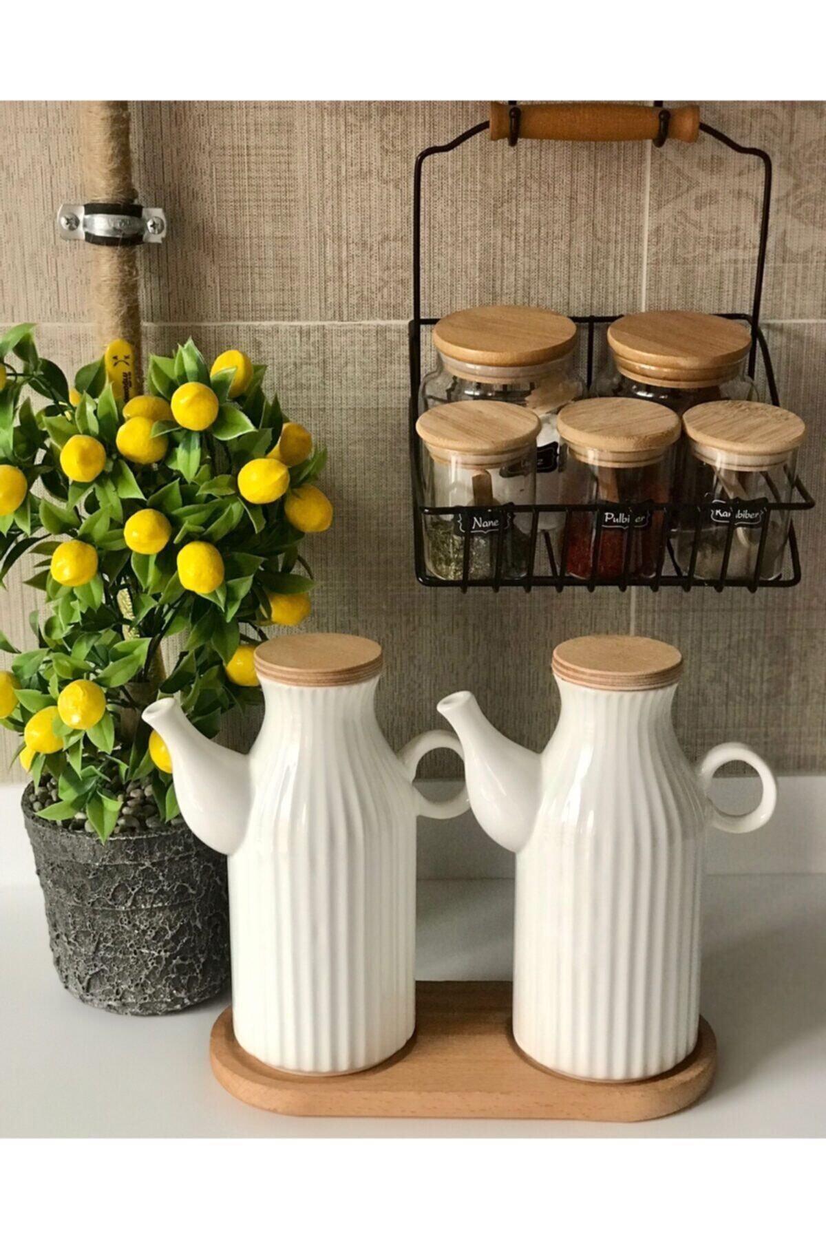 2 Adet 1 Lt Porselen Yağdanlık Ve Bambu Altlık Seti-yağlık Sirkelik