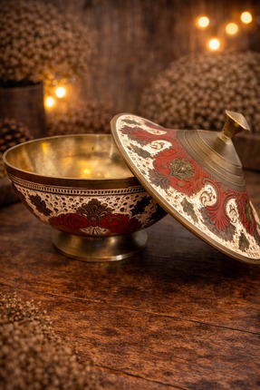 EL İŞİ Eski El İşçiliği Antika Pirinç Şekerlik - Kapaklı Dekoratif Sunumluk