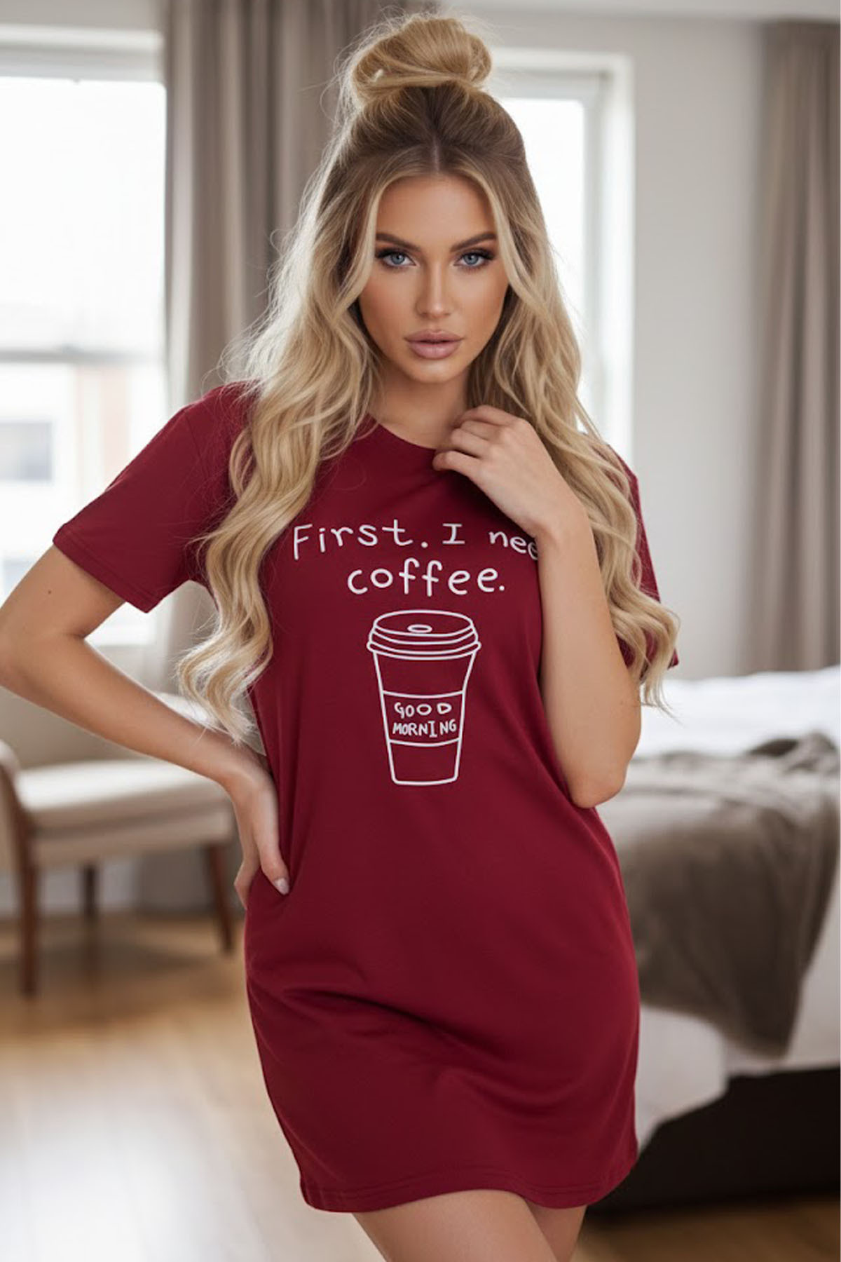 Siyah İnci bordo Bisiklet Yaka Baskılı Gecelik Elbise 7831