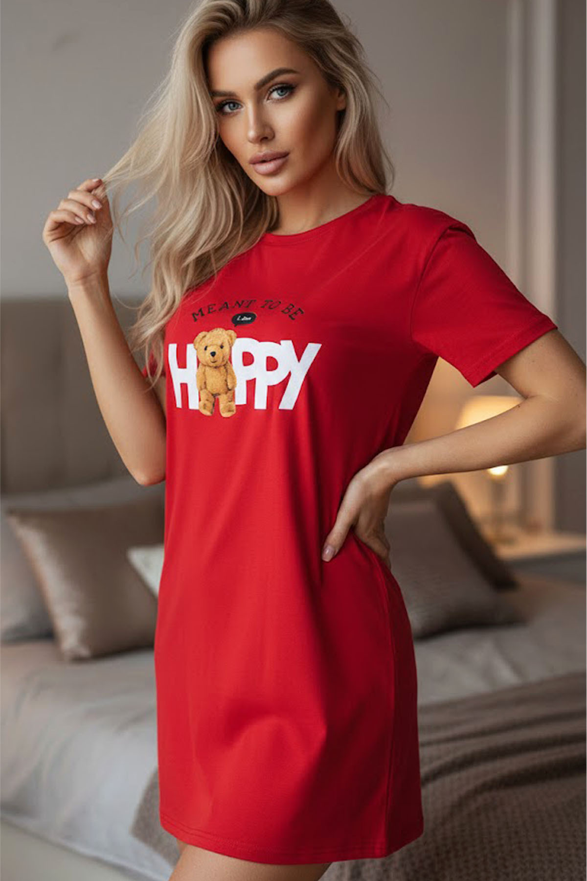 Siyah İnci Kırmızı Bisiklet Yaka Baskılı Gecelik Elbise