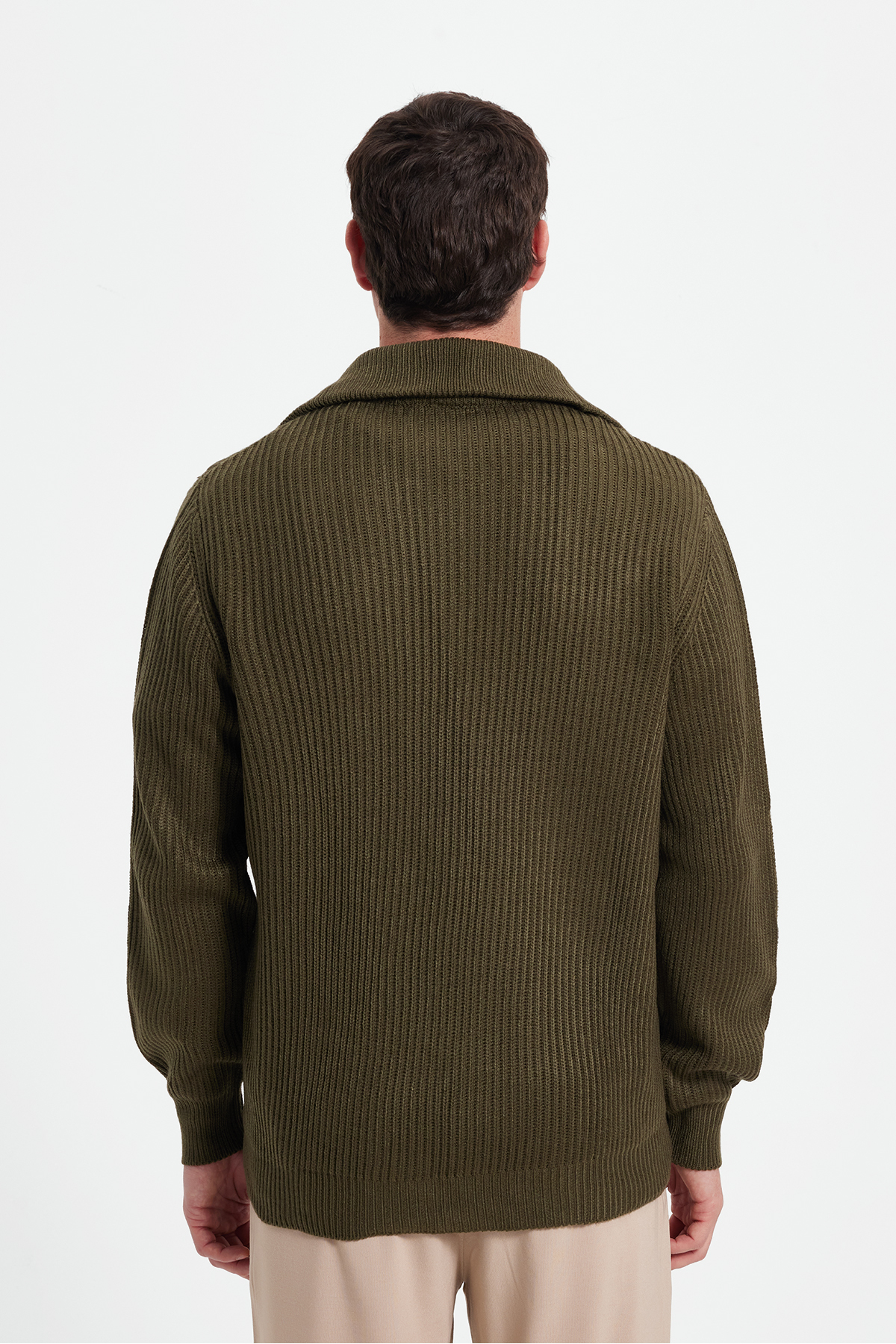 Tudors  Erkek Slim Fit Dik Yaka Fermuarlı Haki Düz Hırka - Görsel 7