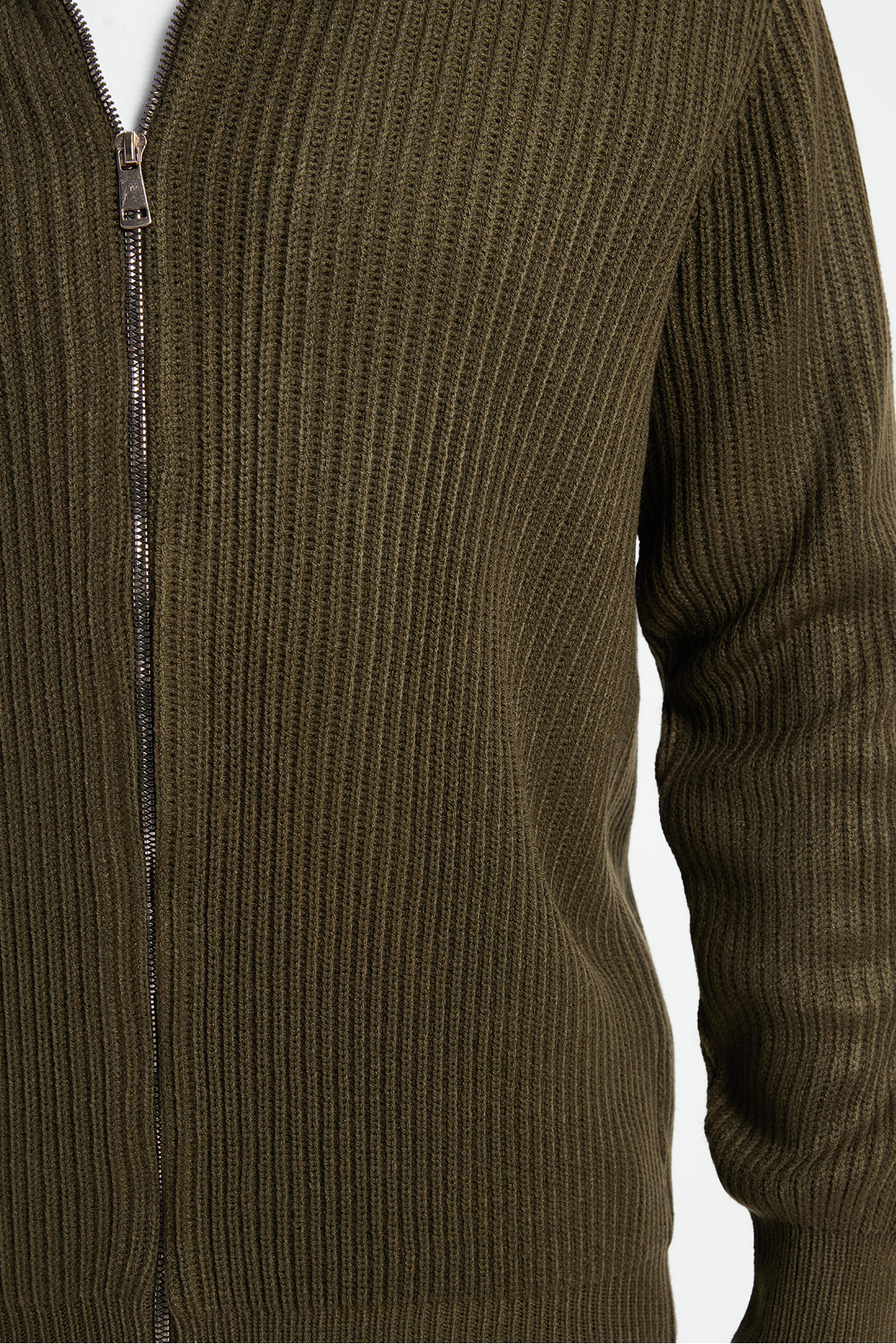 Tudors  Erkek Slim Fit Dik Yaka Fermuarlı Haki Düz Hırka - Görsel 5