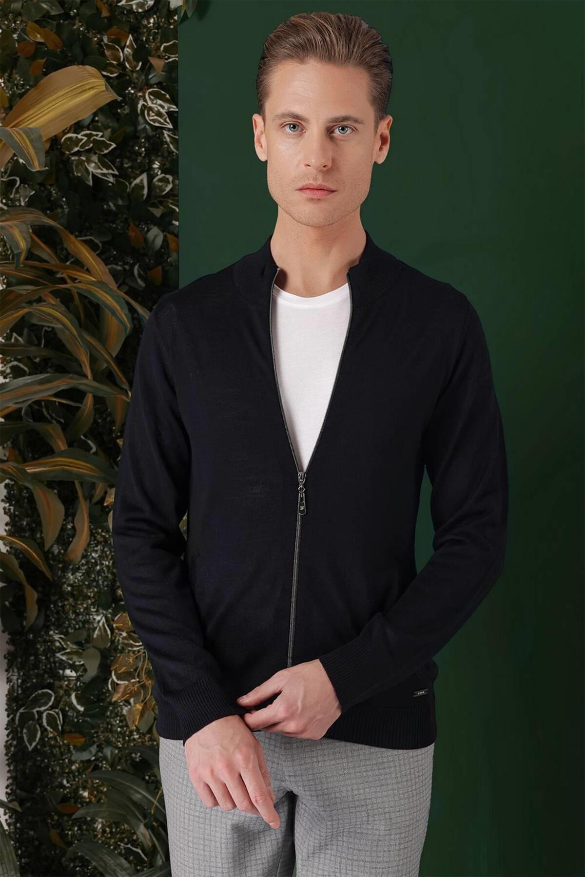Efor Erkek Slim Fit Ribanalı Yünlü Fermuarlı Hırka Lacivert Triko Kazak TR 860 — سرمهای TR860K0823