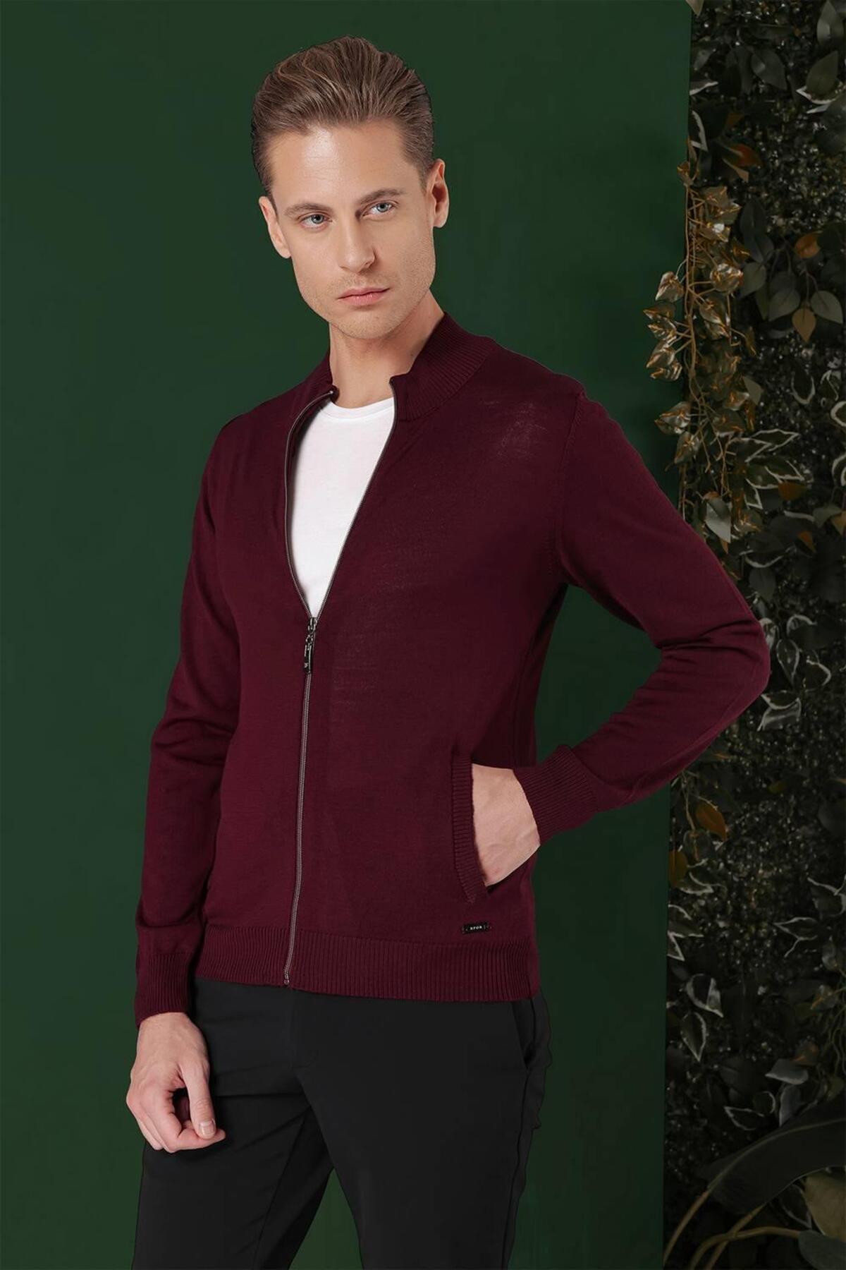Efor Erkek Slim Fit Ribanalı Yünlü Fermuarlı Hırka Bordo Triko Kazak TR 860 görsel 3
