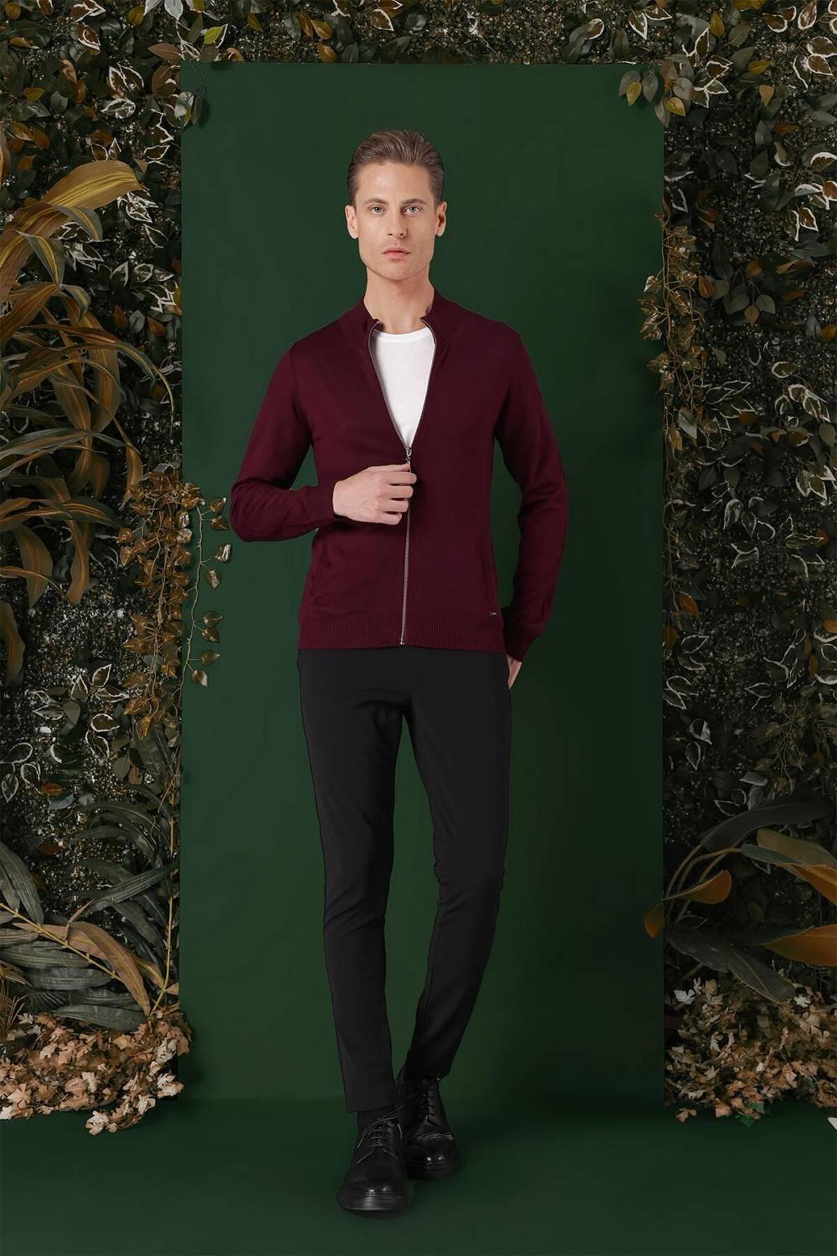 Efor Erkek Slim Fit Ribanalı Yünlü Fermuarlı Hırka Bordo Triko Kazak TR 860 görsel 6