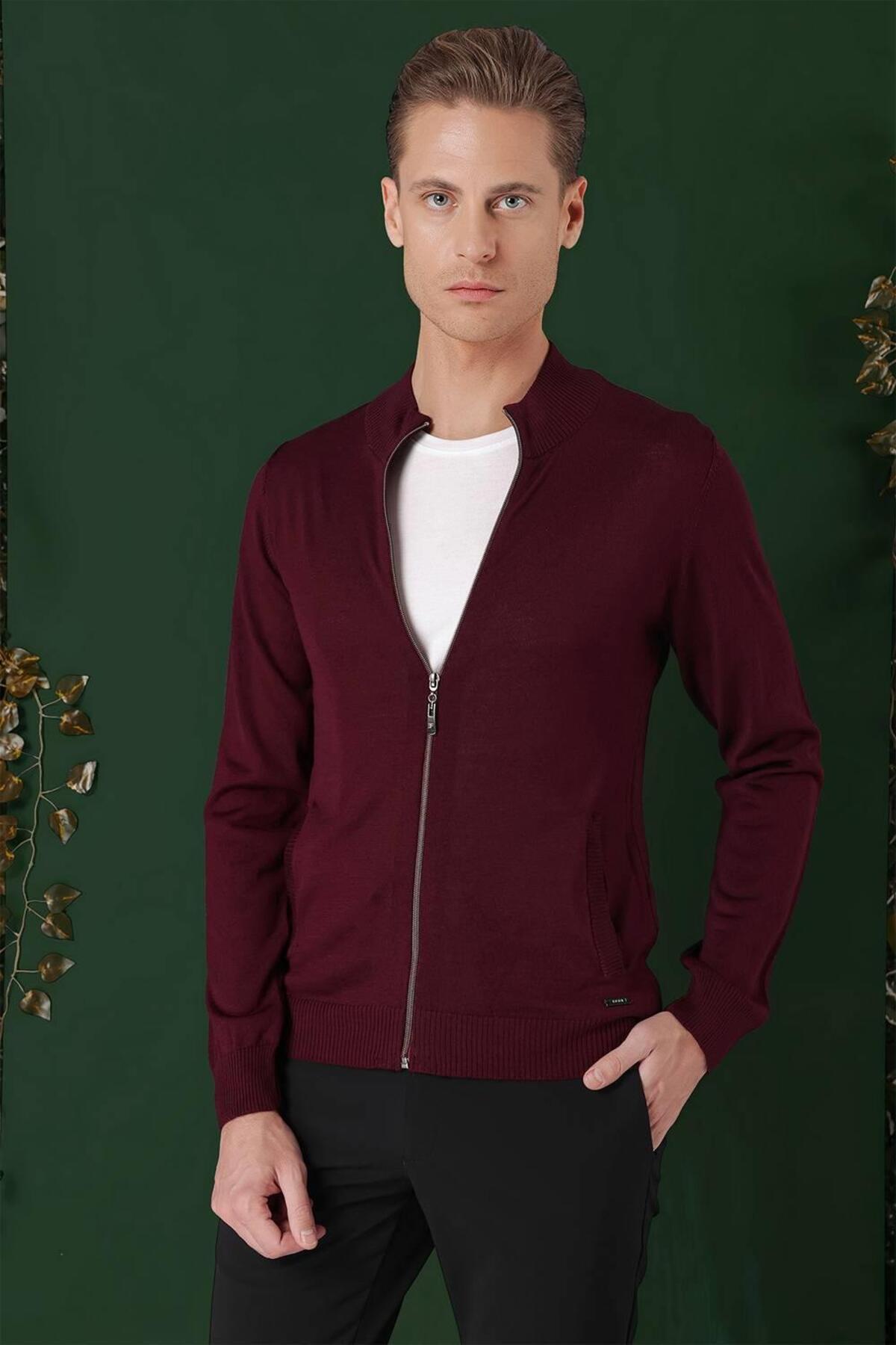 Efor Erkek Slim Fit Ribanalı Yünlü Fermuarlı Hırka Bordo Triko Kazak TR 860 görsel 4